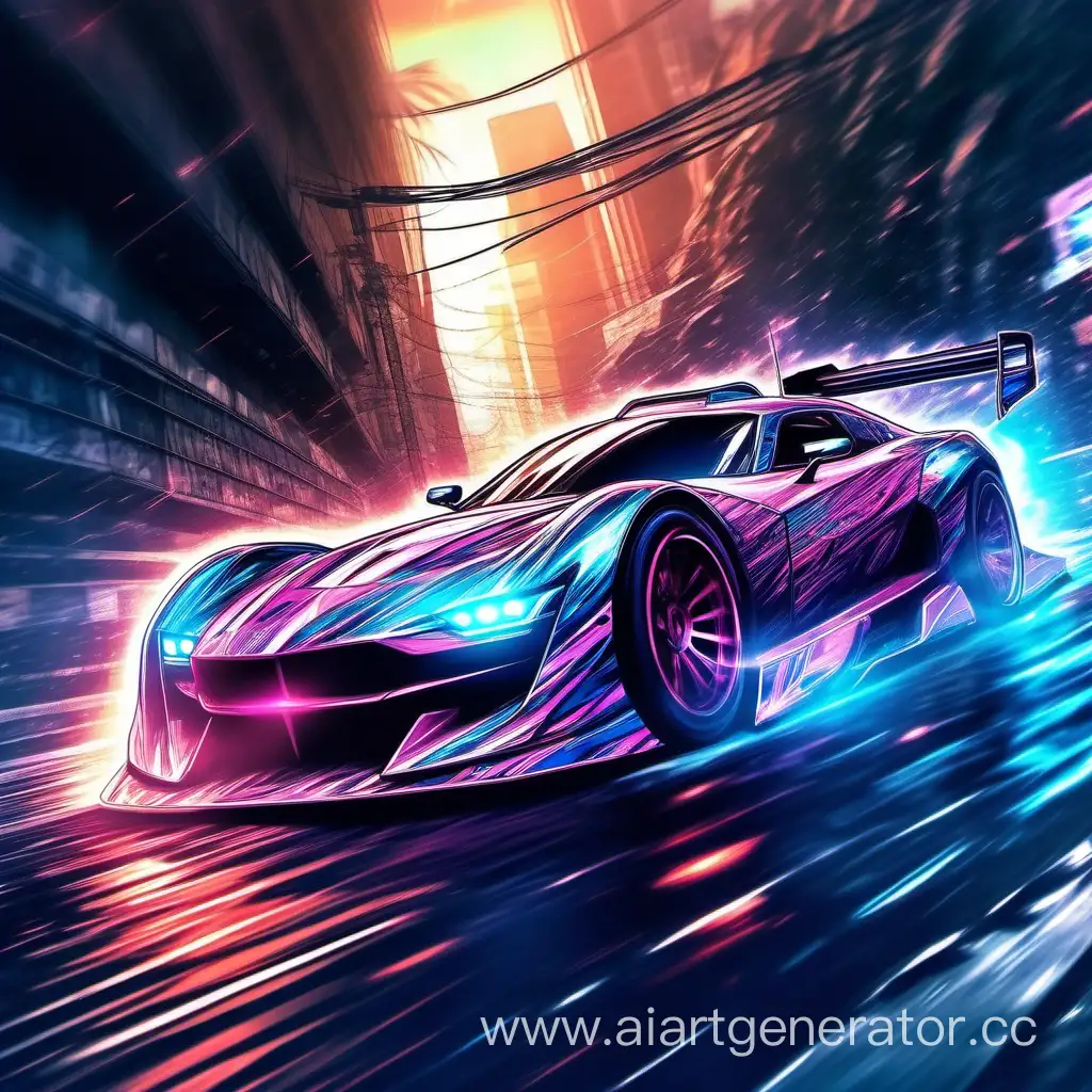 phantom racer drifting on a cool car under heavy rock, Anime, Vibrant, Sharp focus, Illustration, Holographic, Light-Based, Futuristic, Highly Detailed