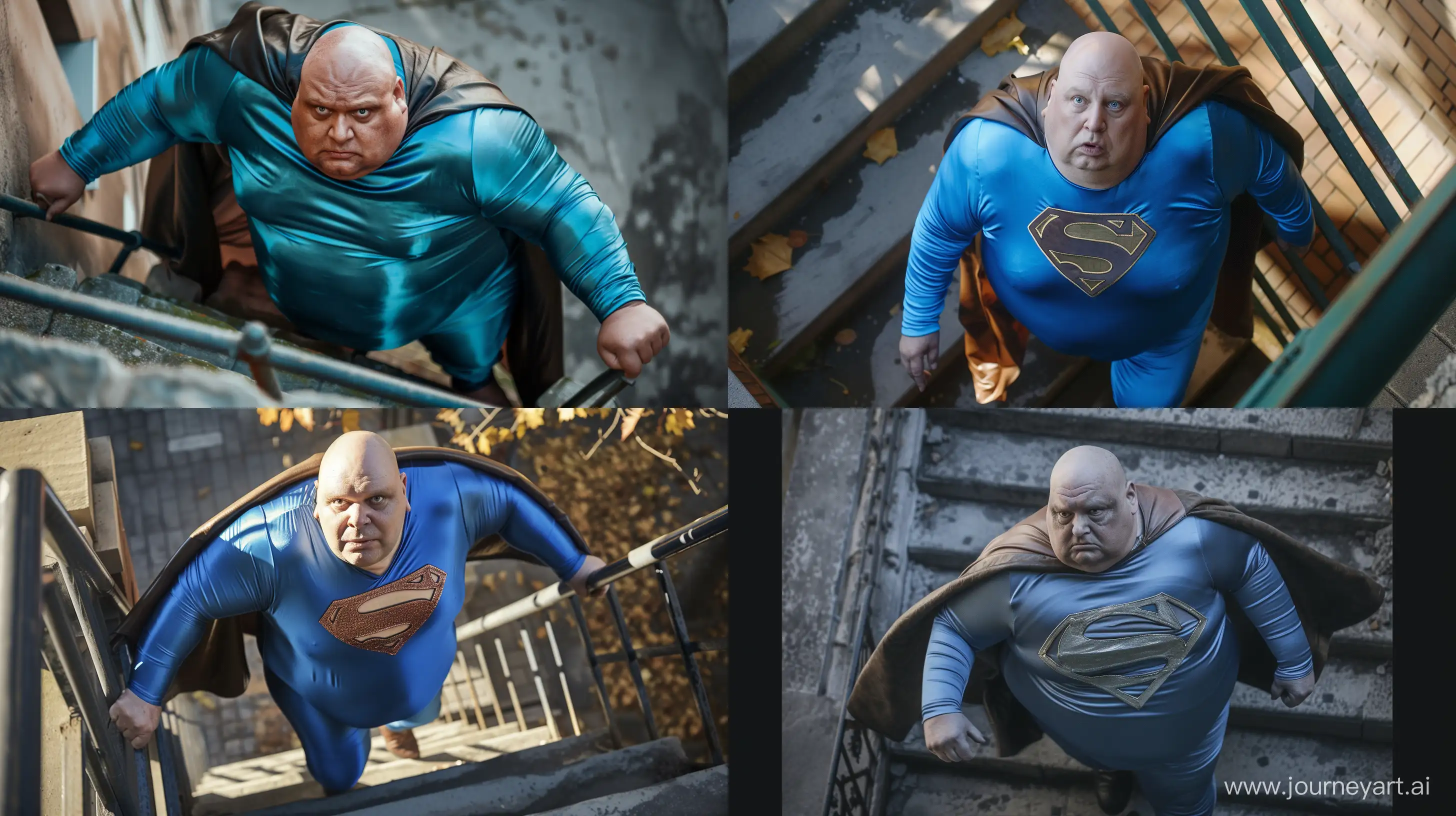 Exhausted-Superman-Climbing-Stairs-Candid-Shot-of-Obese-Man-in-Silk-Blue-Costume