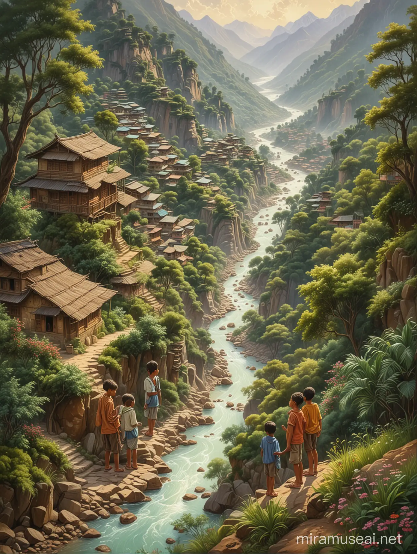 Panoramic View of Nepali Village with Three Children Standing on Hillside