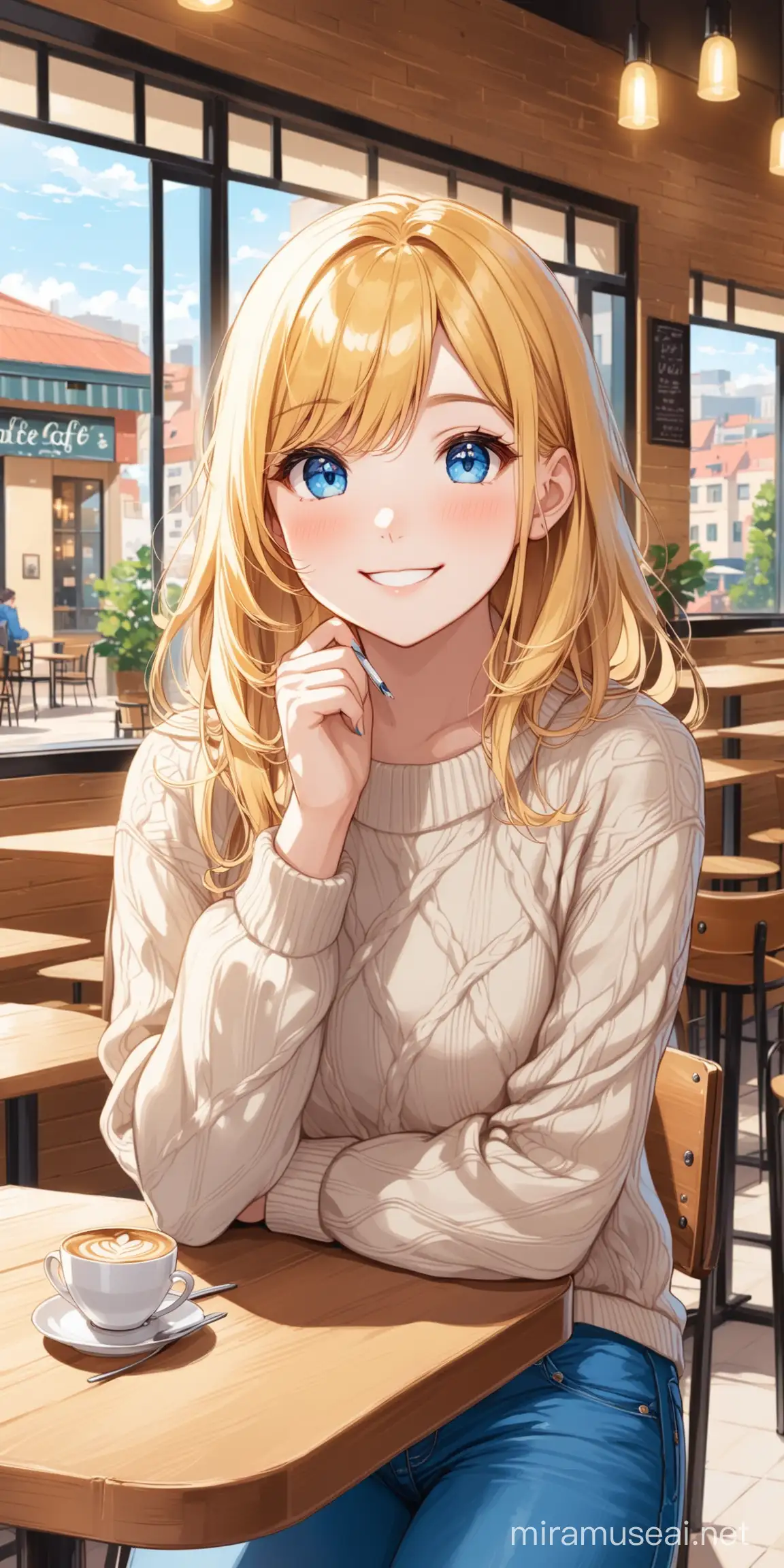 student, blue jeans, sweater, blonde hair, blue eyes, art, cafe background, smiling
