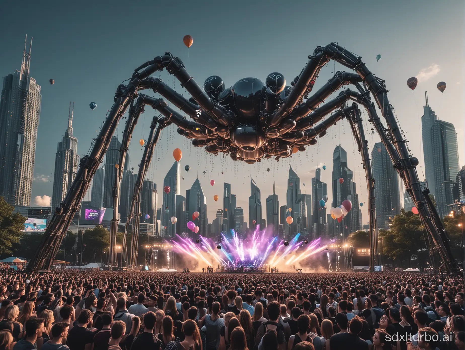 Music festival on the grass, square steel spider shaped stage, sci-fi industrial style, gorgeous beam lights, front view, many balloons in the sky, background of city skyscrapers