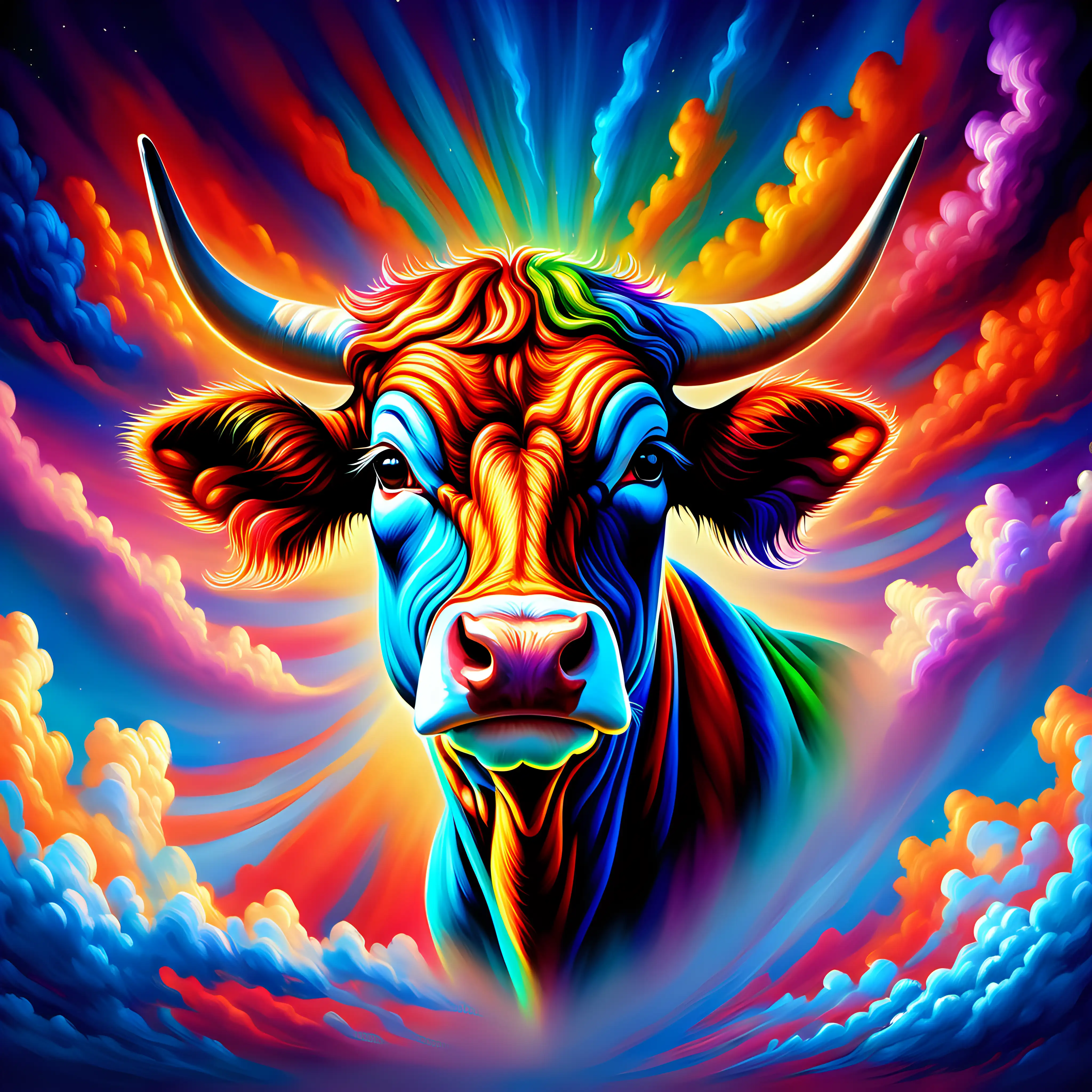 Imagine a breathtaking scene where a vibrant, multi-hued cow' head emerges from a canvas of swirling, iridescent clouds. The cow's head form is vividly painted with a palette of vibrant colors, emanating an aura of raw power and strength amidst the ever-shifting, kaleidoscopic clouds that surround it. Capture the essence of this majestic creature as it stands as a symbol of primal force and beauty within the mesmerizing, colorful expanse of the sky.