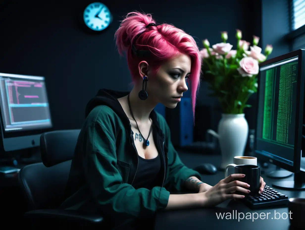 female figure, female programmer, 25 years old, typing code and looking at the monitor, she has pink hair, dominant colors black, green, blue, coffee mug, flowers, hyperrealism style, dark office environment