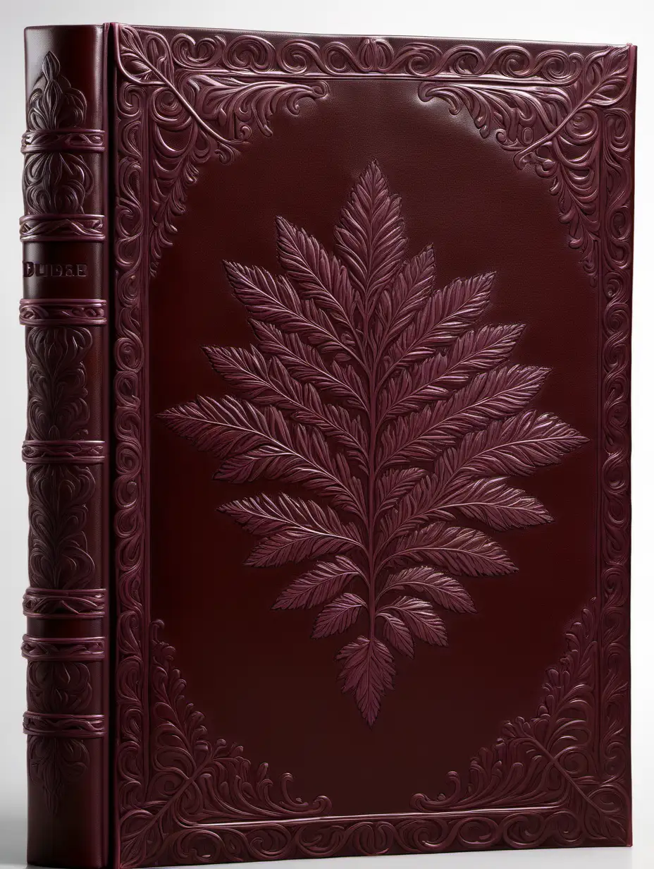 blank book cover in leather with a central negative space, and being the color of bramble; with an intricate, elegant, stamped border around the central negative space.