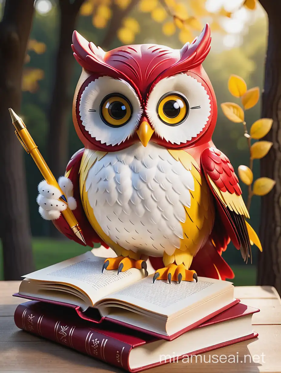 Colorful Owl with Book and Pen Vibrant Red Yellow and White Feathers