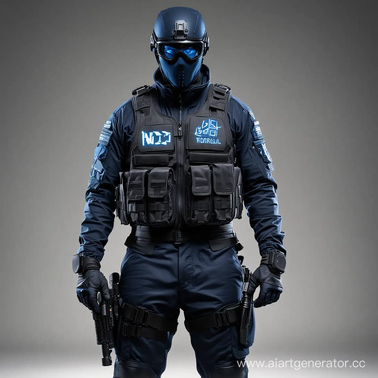 a man dressed in dark blue military vest and clothes with pants, he have dark blue gloves and a dark mask и синий тактический шлем на котром написоно ndd, and the eyes glow blue.