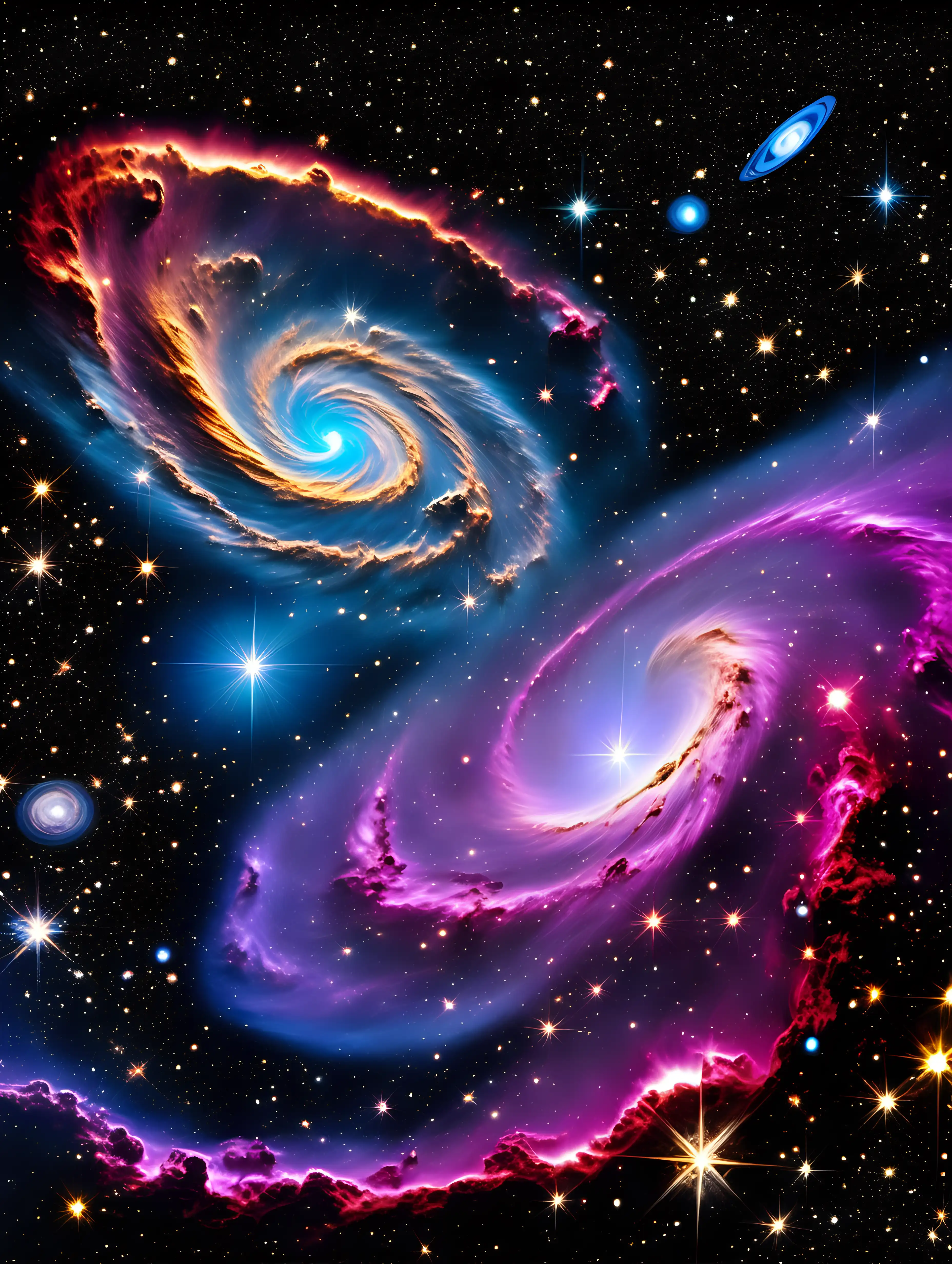 Imagine a vast, infinite expanse of the universe, where countless stars twinkle against the deep, velvety darkness of space. Nebulae swirl in vibrant hues of blue, purple, and pink, casting an ethereal glow that illuminates nearby celestial bodies. Planets of various sizes and colors orbit around their stars in a harmonious dance, while distant galaxies spiral gracefully in the backdrop. Comets with glowing tails streak across the sky, leaving behind trails of light as they journey through the cosmos. This serene yet dynamic scene captures the majesty and mystery of the universe, inviting the viewer to ponder the endless possibilities that lie beyond our own world. The image is rich in detail, with every element contributing to a sense of awe and wonder, showcasing the universe's vast beauty and complexity.