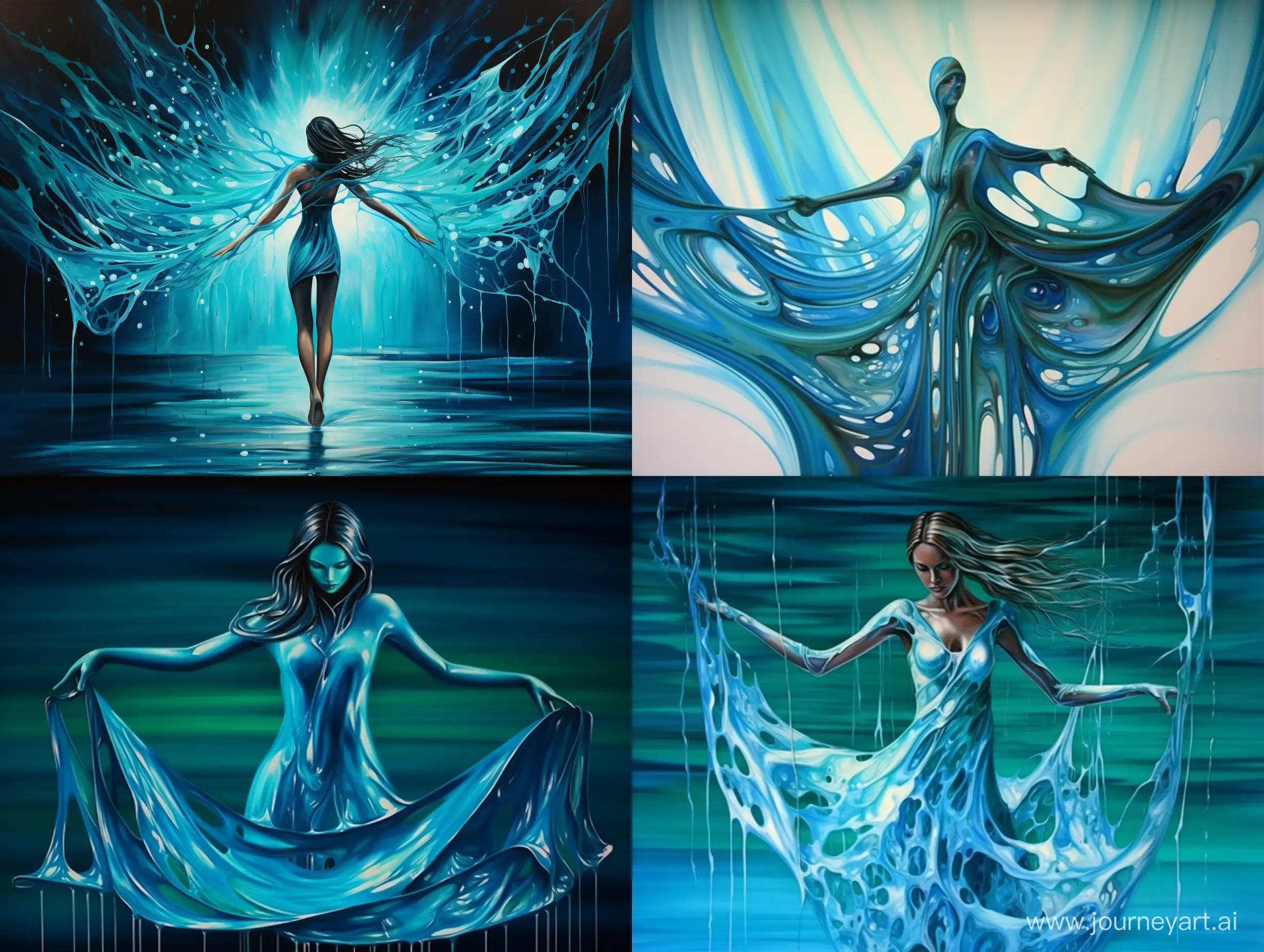 A dancer girl made of a splash of blue liquid and green liquid inside. The suspended droplets and the smooth interplay of light and dark hues create a visually striking scene that portrays the elegant flow and contrast between the two liquids, high details, best of quality.