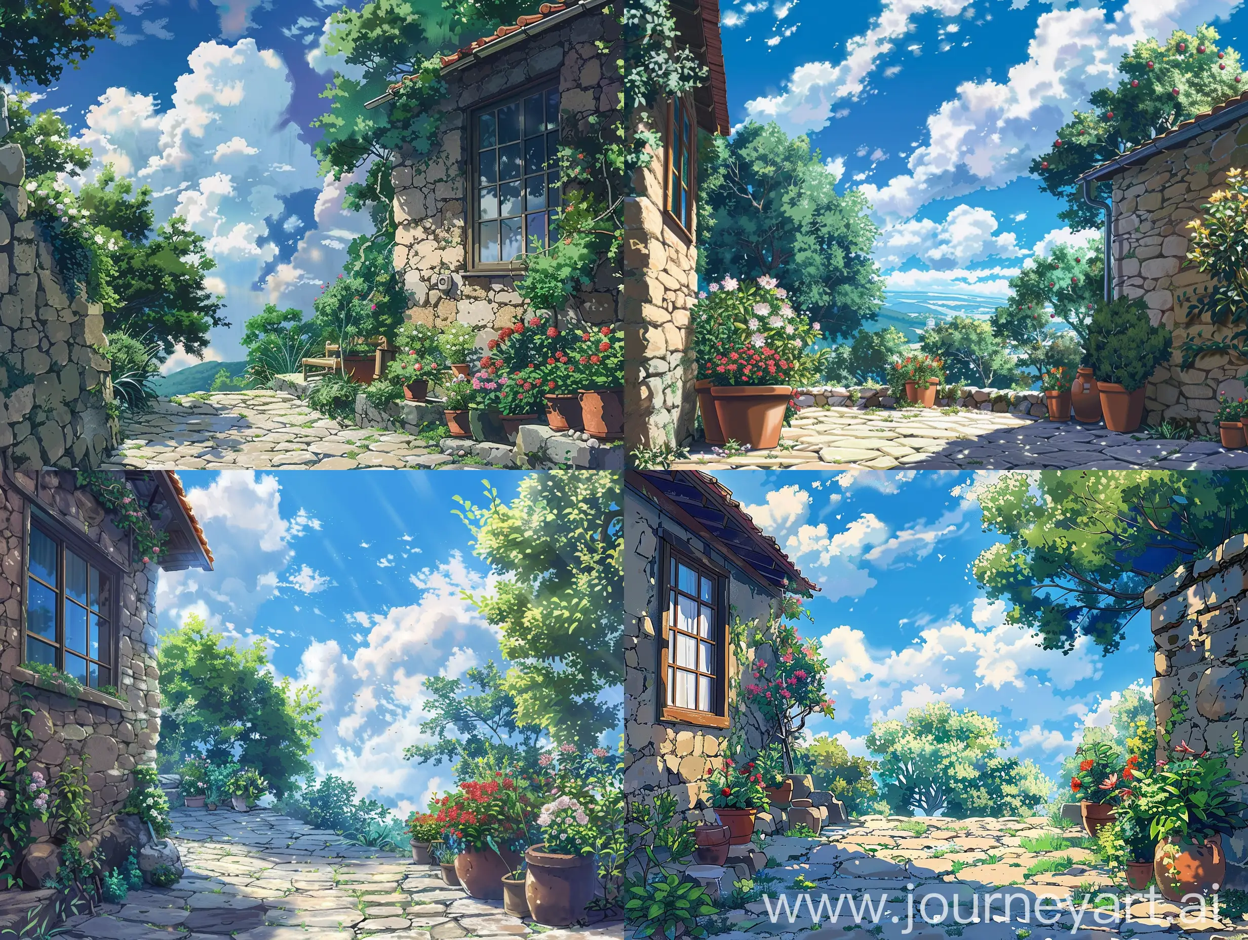 Beautiful anime scenery,Makato Shinkai with mix of Ghibli style,a small cozy house of stone with view with a window with some trees around,beautiful sky with fluffy clouds,nostalgia vibes,a stone path which looks beautiful,some flower pots and plants are there alongside the path just a little bit of garden look.
