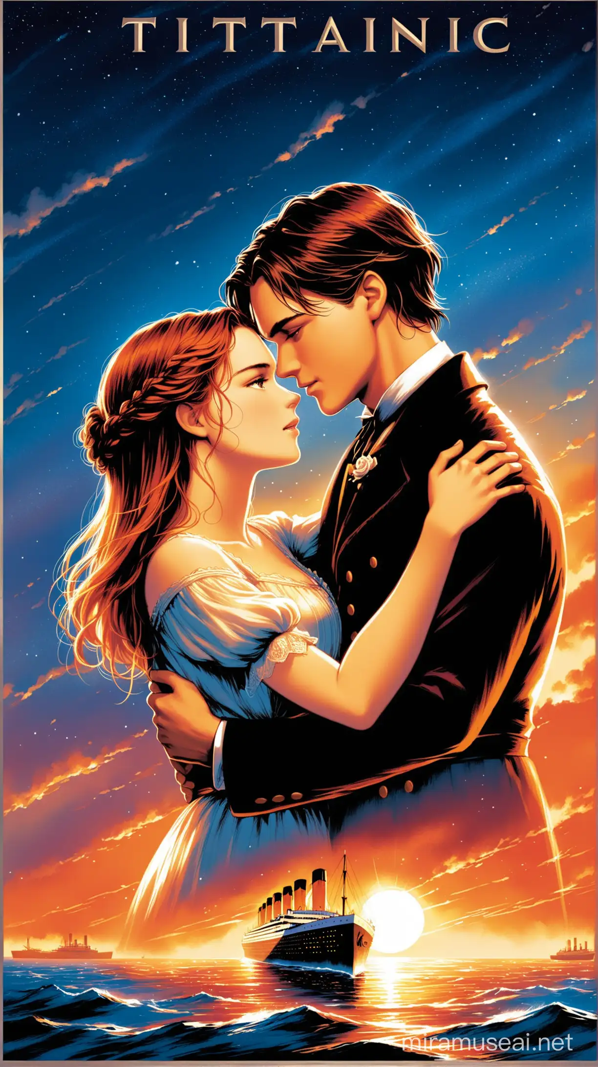 Titanic movie poster showing the protagonists Jack and Rose embracing each other face to face
