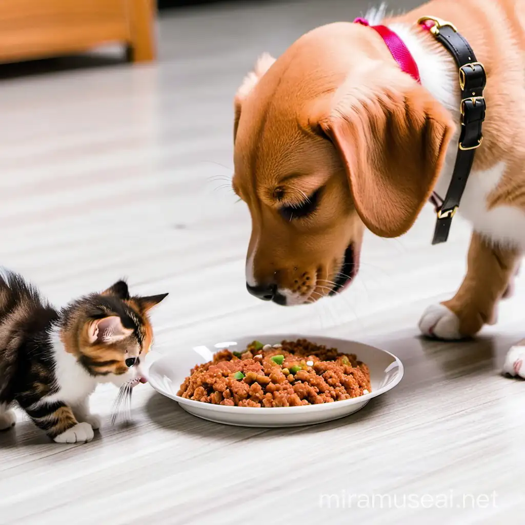 Adorable Puppy and Kitty Enjoying a Meal Together