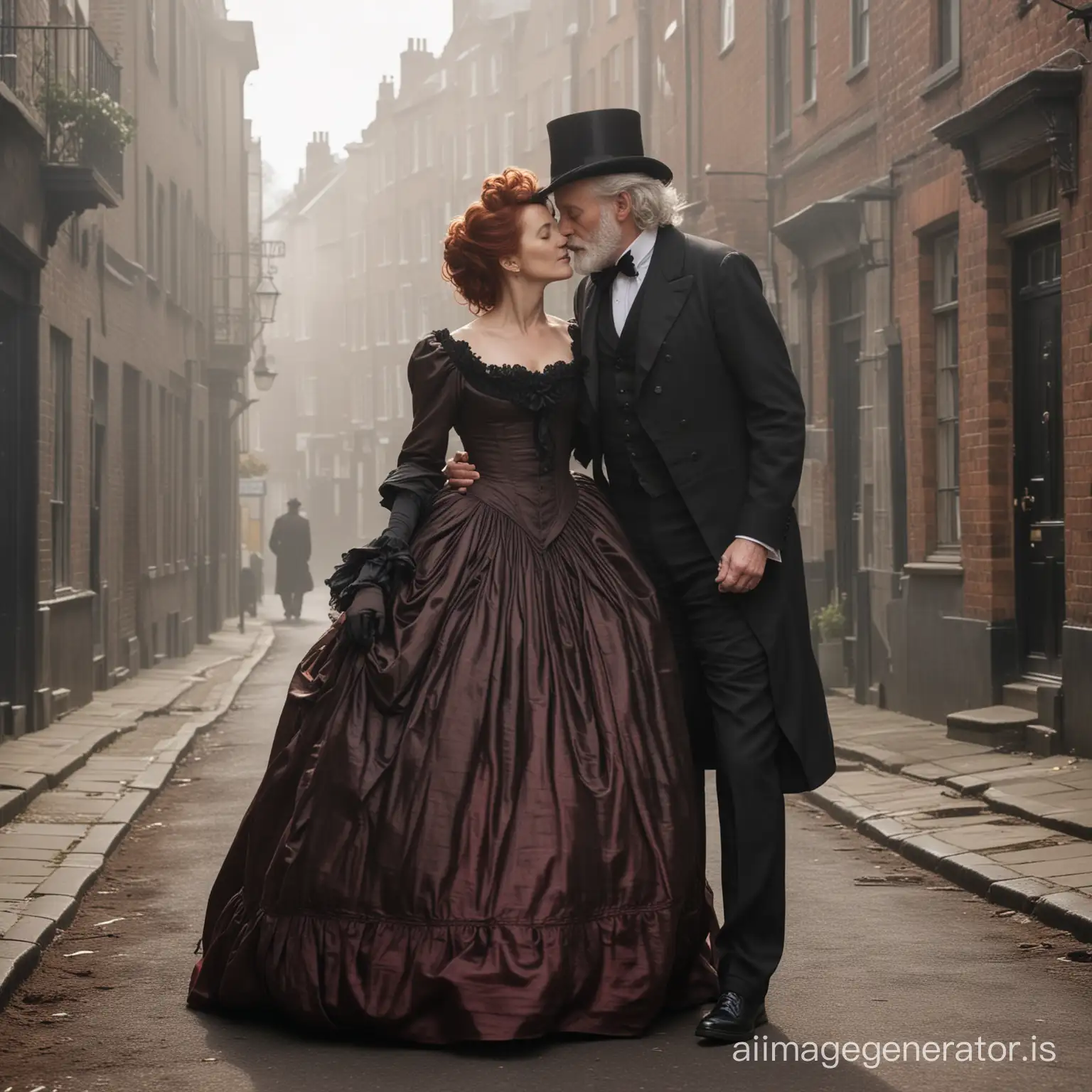 Victorian-Romance-Redhaired-Gillian-Anderson-and-Husband-Embrace-on-1860s-Street