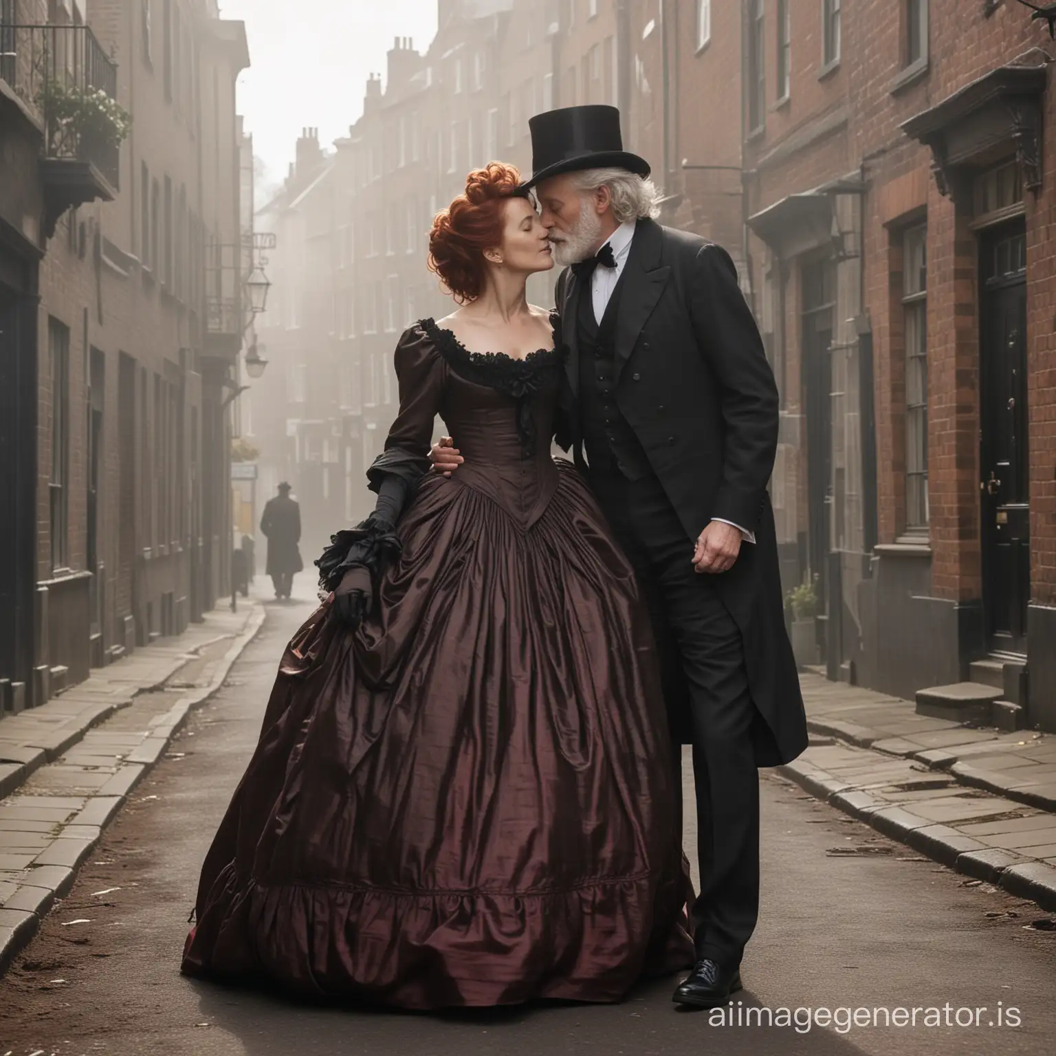 red hair Gillian Anderson wearing a dark chocolate floor-length loose billowing 1860 Victorian crinoline poofy dress with a frilly bonnet on Victorian era street kissing lovingly an old man dressed into a black Victorian suit who seems to be her dear husband