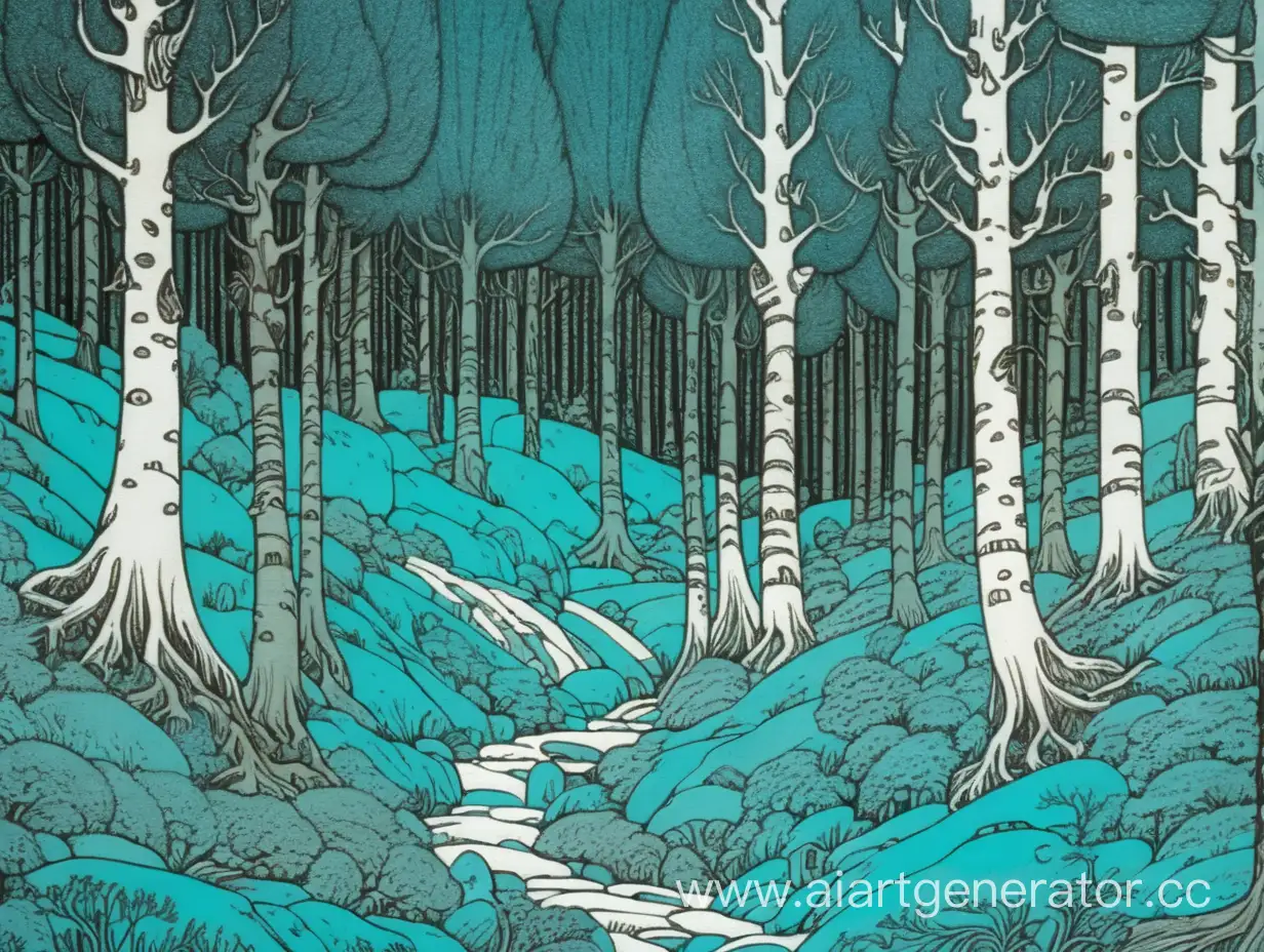 лес, в стиле иллюстраций Билибина, белый фон, бирюзовые тона
