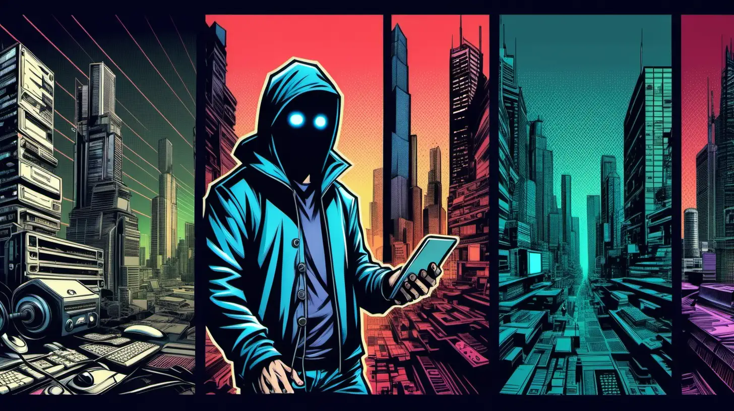 technology evolution from perspective of a hacker, comics style, tech color palette