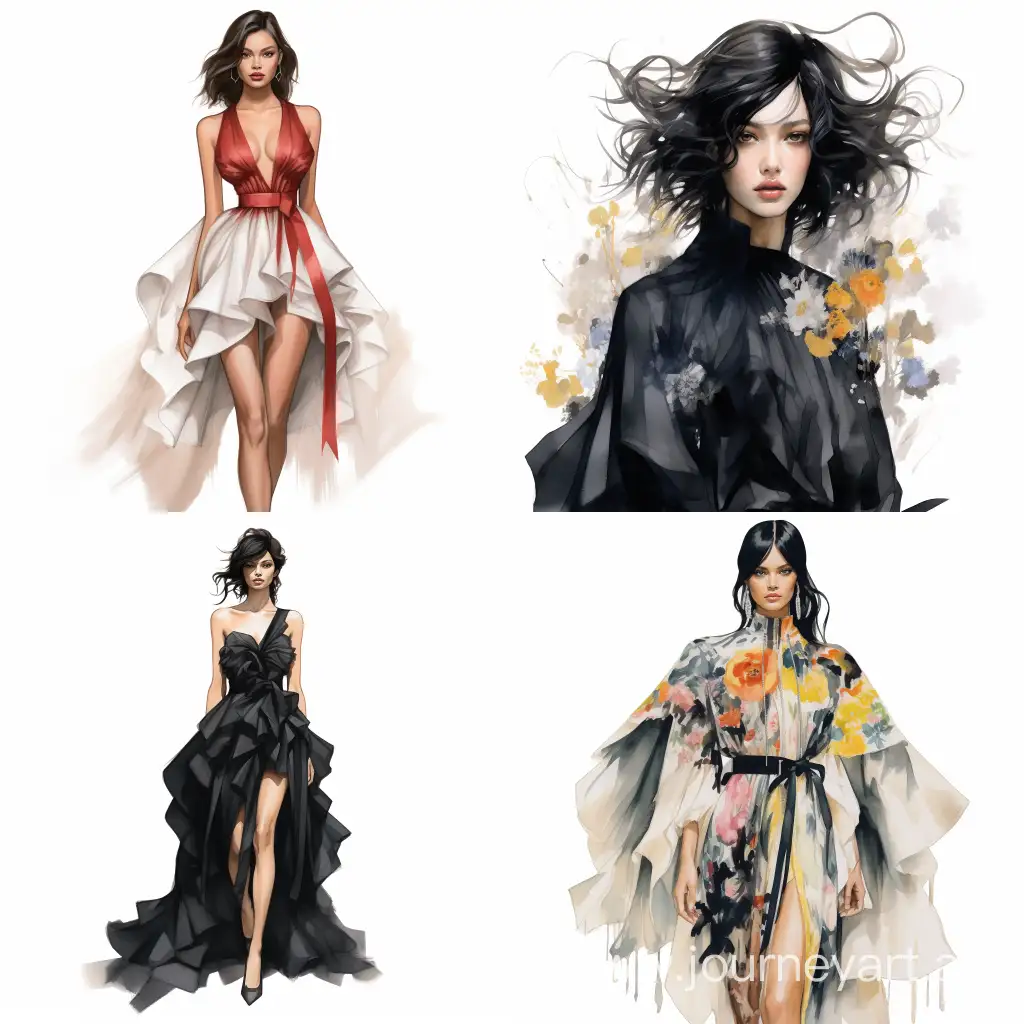 Fashion illustration, sketch, beautiful designer looks from the runway