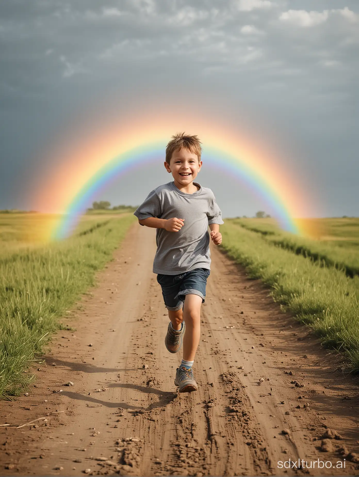 一个在彩虹上奔跑的男孩
