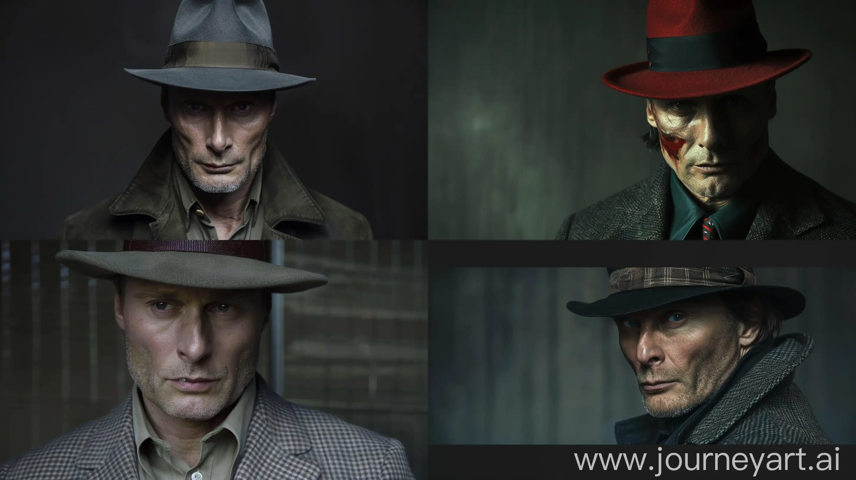 Mads mikkelsen in the role of hannibal lecter, wearing mafia hat --style raw --ar 16:9