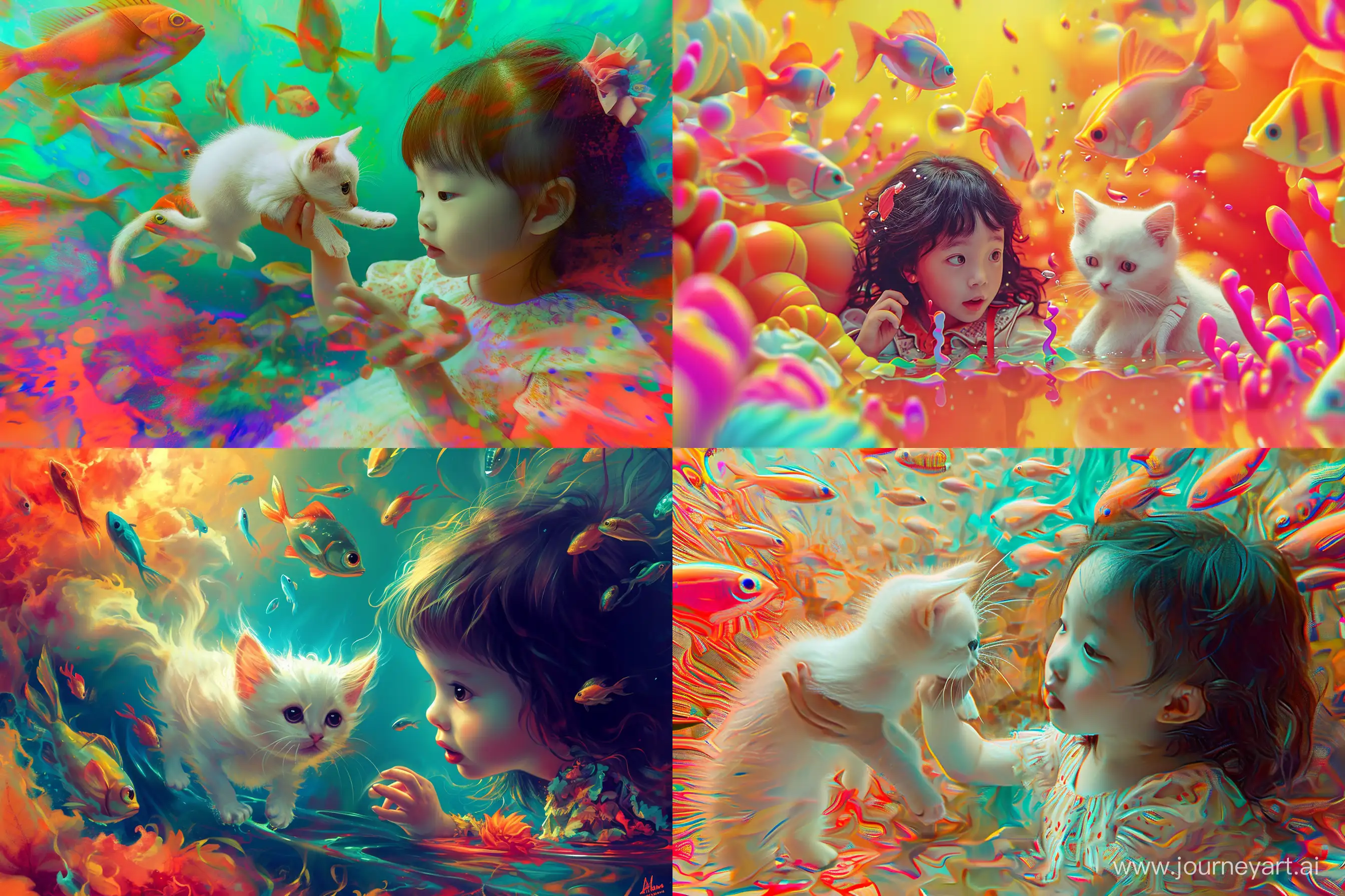 A little girl with a littl white cat wit fishes in the air, in a vibrant and bizarre world, reminiscent of pop surrealism art. --ar 3:2