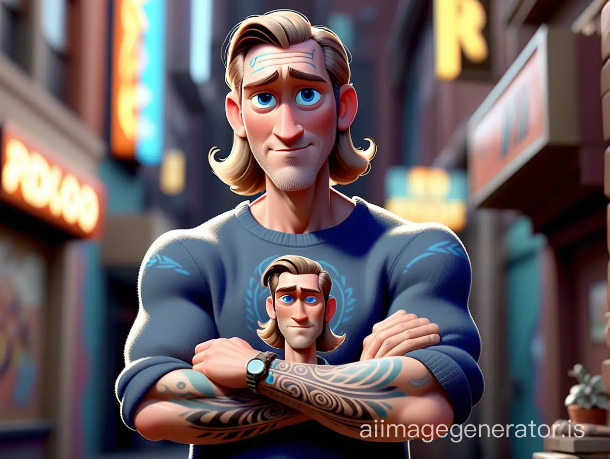 "Create a Pixar-style illustration of a white man, a middle-aged young man with half-long bronde hair styled in a long side parting, blue eyes, and a slight bronde facial hair. He is standing, wearing a long-sleeved sweater with sleeves rolled up slightly, revealing his wrists. Additionally, he has a tribal tattoo on his left forearm. The picture should now be outside. Emphasize a joyful atmosphere. no tattoo on his face. Background city filled with neon signs"