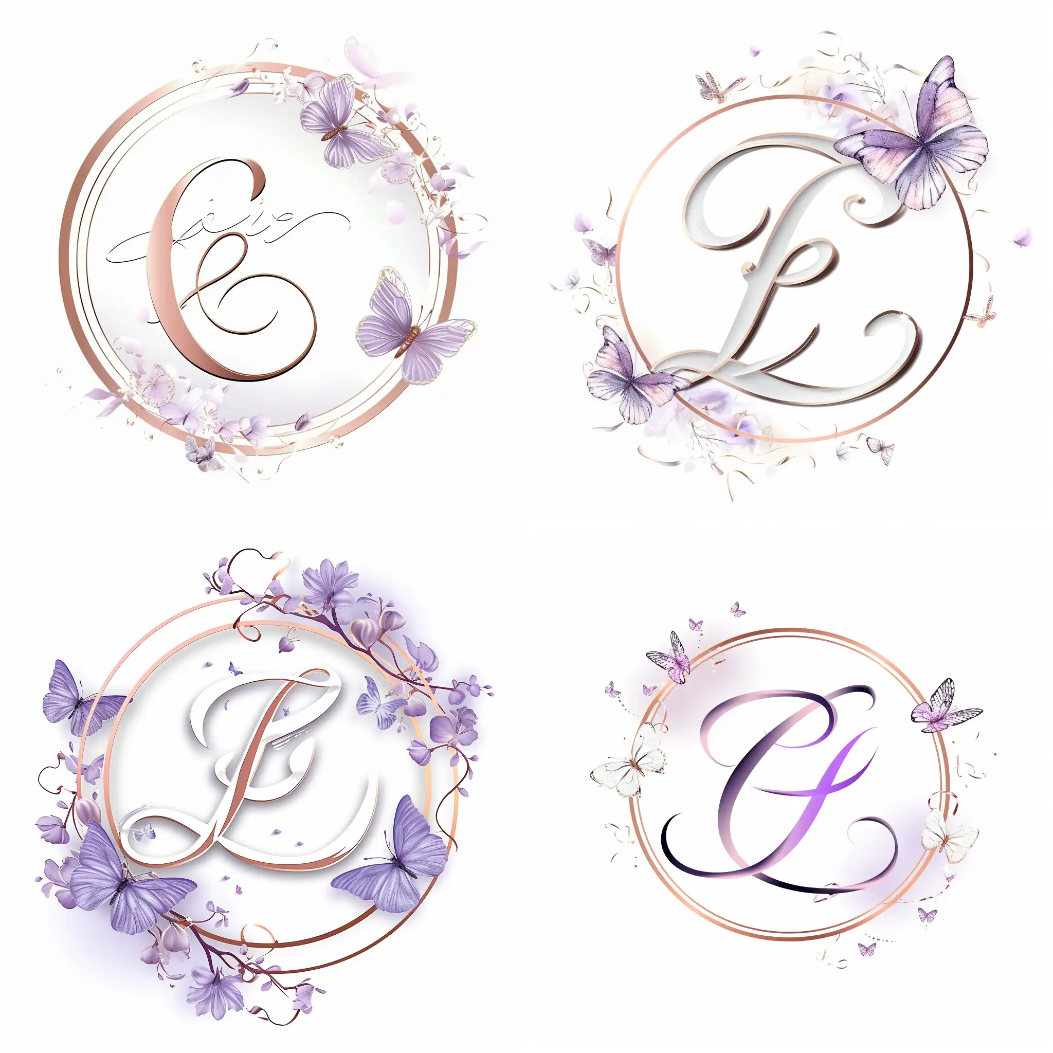 Make a realistic and fancy logo for a high prestige beauty business. Have a big cursive letter E in the middle thats color white with some lilac. Include some small realistic butterflies. Have it all in a rose gold circle. Make the background white.