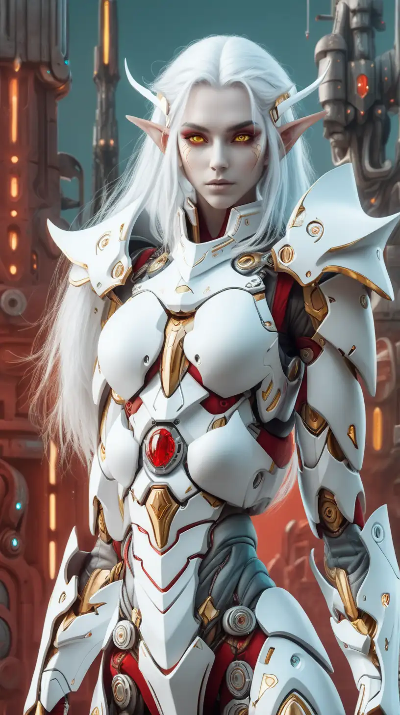 Lush fantasy world backdrop, beautiful elf woman with white hair and yellow eyes wearing white  armor with red accents, robotic parts, futuristic 