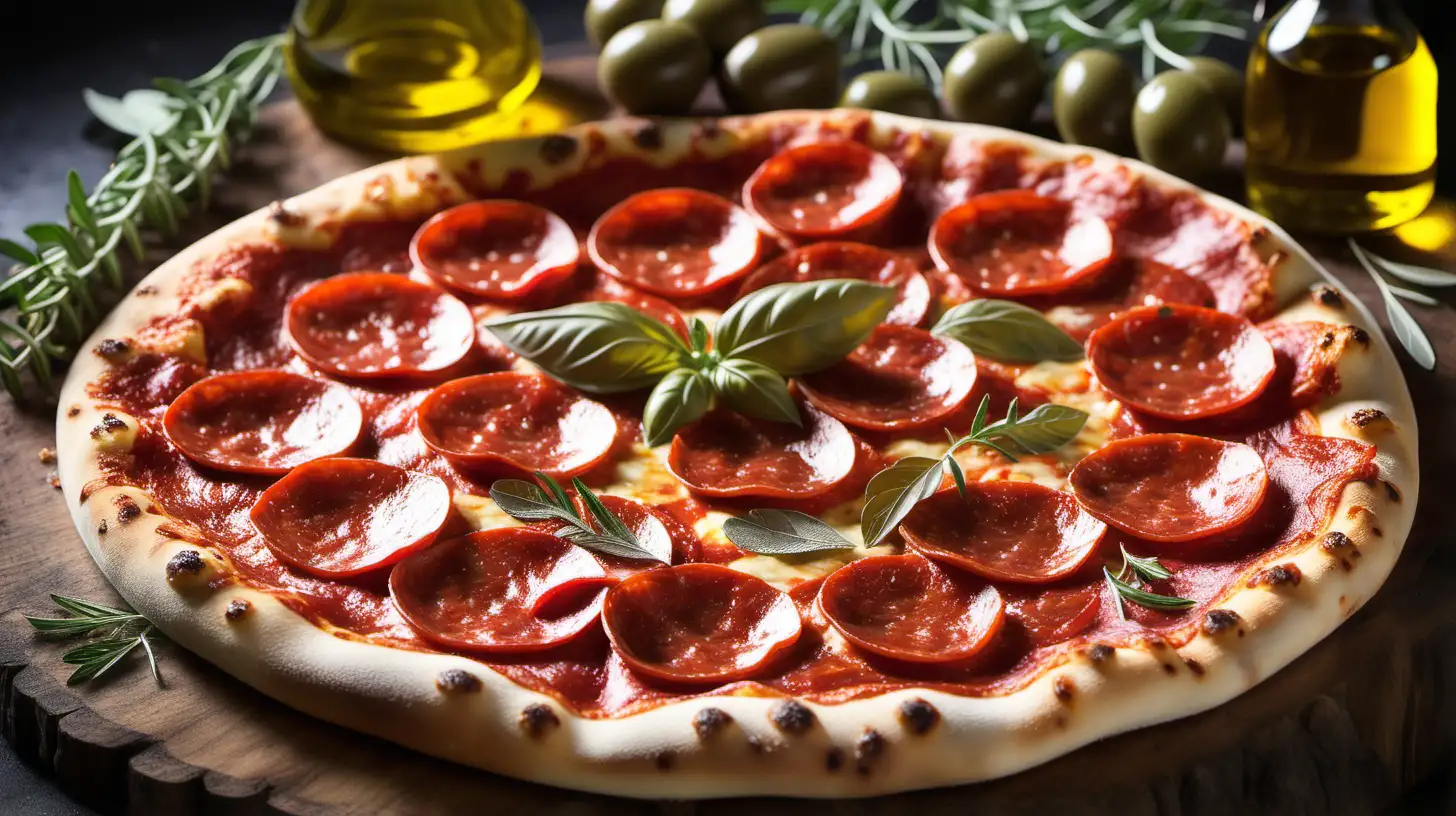pizza peperoni, w tle oliwa, zioła