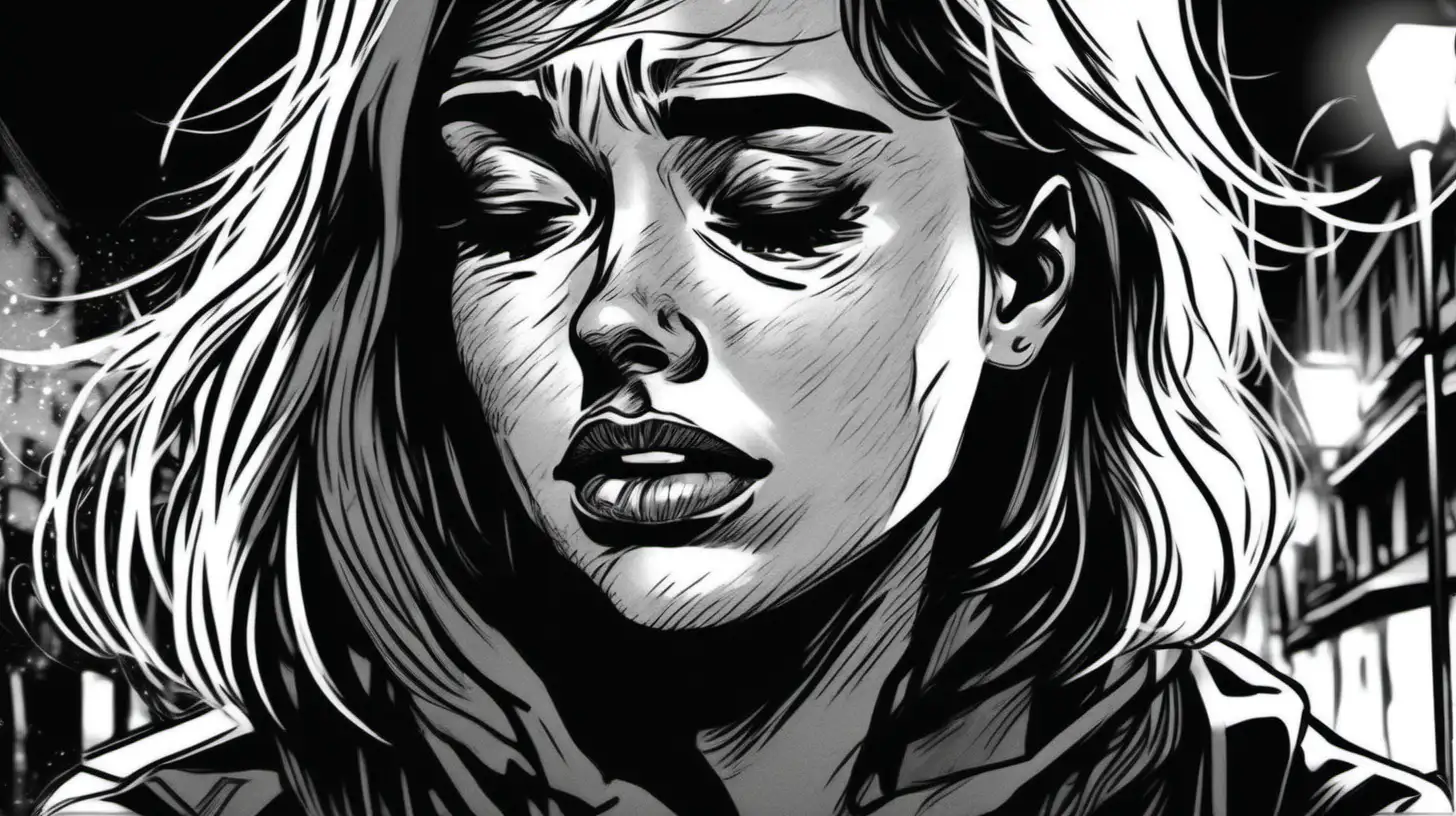 A close-up view of a young woman crying in the street at night in a black and white sketch style