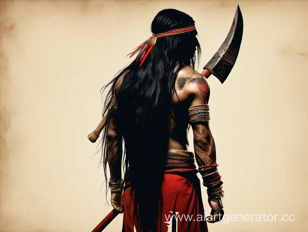 индеец со спины, с длинным чёрным волосом, красной повязкой и пером, с топором в руке