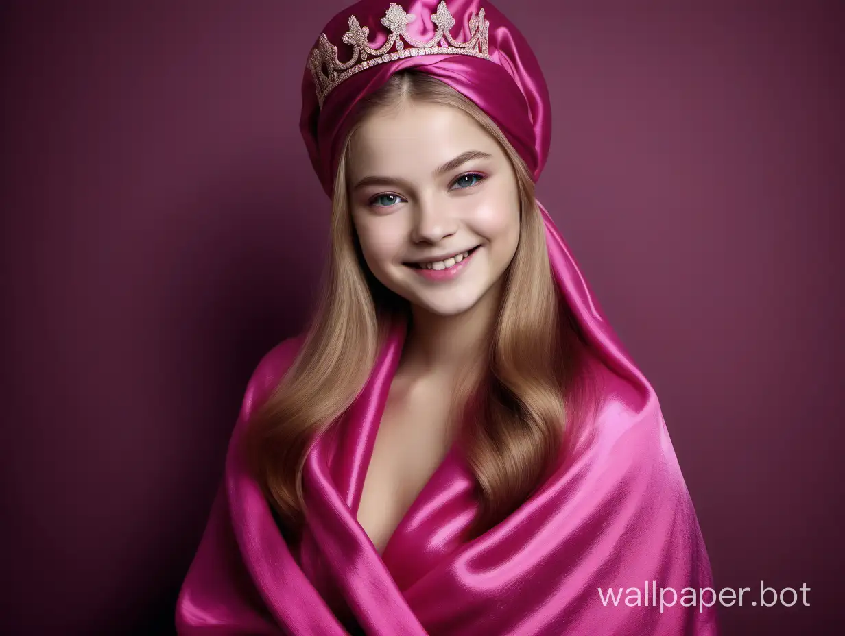 Sweet Yulia Lipnitskaya smiles with long straight silky hair in long Beautiful, gentle, Luxurious glamour natural pink fuchsia mulberry silk with pink silk towel turban and crown
