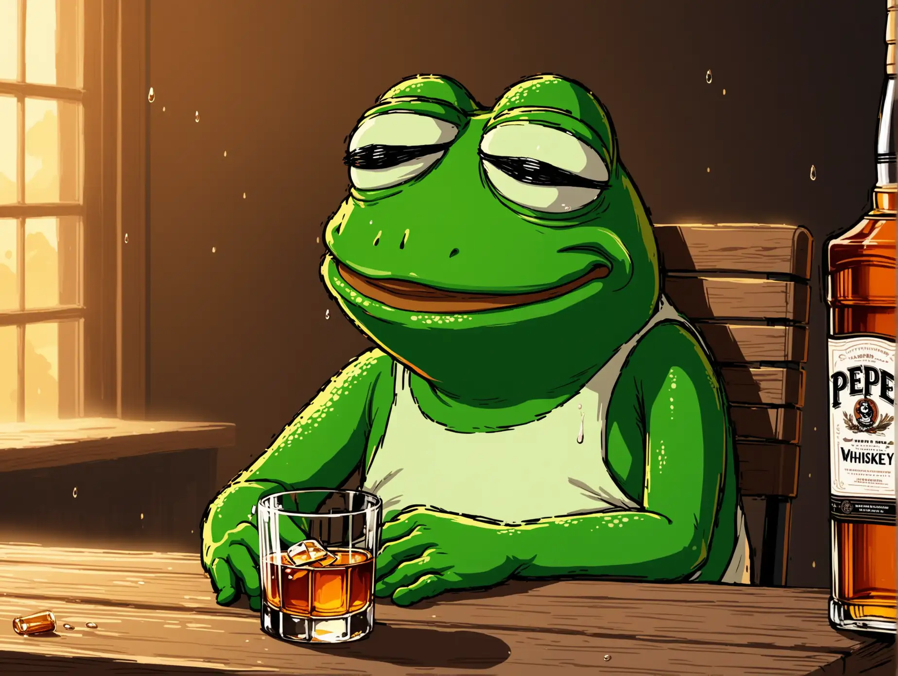 Pepe the Frog slowly sips whiskey, his eyes brimming with tears. The vibrations from the weight of this moment fill the scene.
The scene creates an image of a truly emotional moment, a collapse, and desolation. Pepe is seated on a chair by a wooden table and in front of him is a glass of whiskey, his face mirrors deep sadness. Pepe's head is hung low and tears are streaming down his cheeks.
The color palette could be mixed - the warm hues of the whiskey contrast with the cool of his tears. Conversely, the backdrop could be muted to make Pepe and his emotions the focal point. 2D