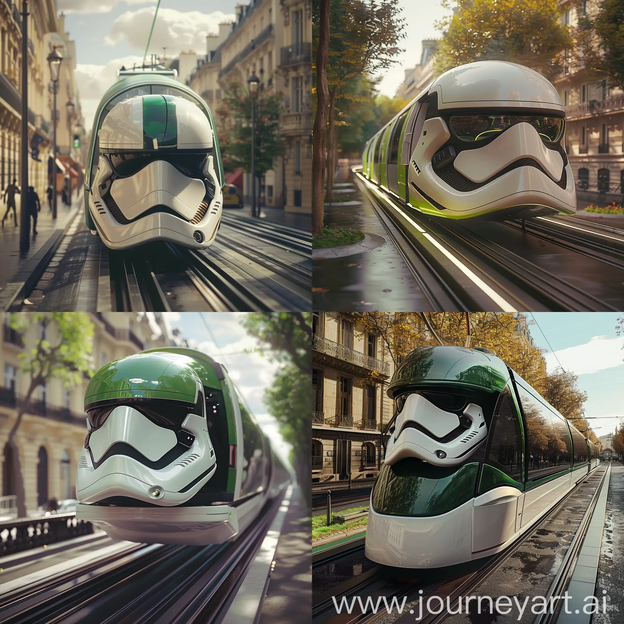 Futuristic, photorealistic tramway, levitating slightly above the tracks, inspired by a star wars aesthetic. Sleek design with a white and green color scheme, stormtrooper helmet design. Reminiscent of the Parisian RATP public transportation colors, daylight, natural light, Parisian architecture background