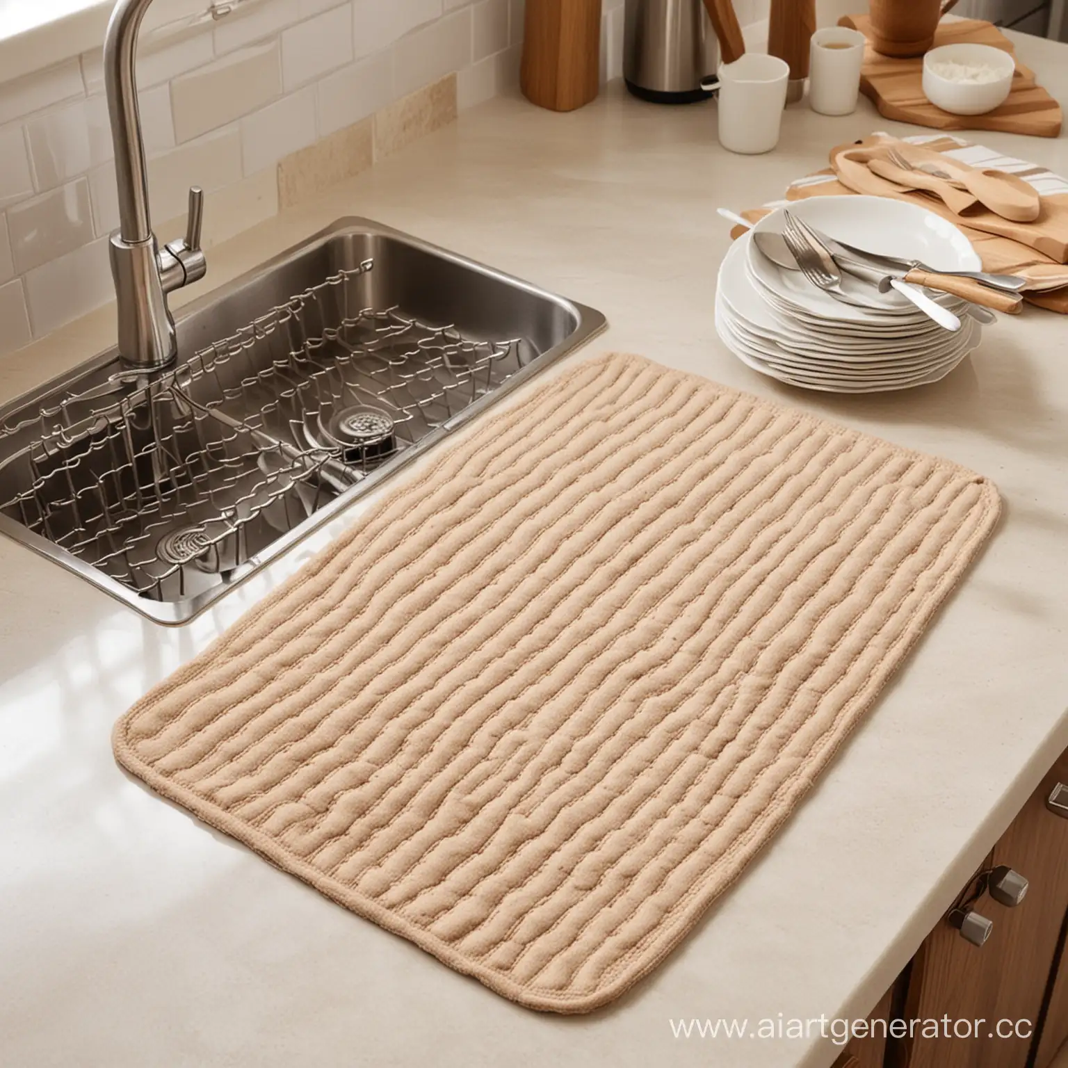 Создай фото коврика для сушки посуды. Коврик прямоугольный, лежит на кухне, бежевого цвета