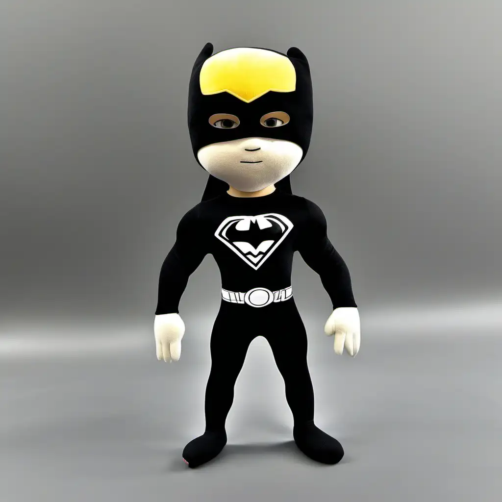 Soft Plush Toy, Super hero , boy mask  ,black uniform ,  long pants  , huge round Muscles  ,long legs , long arms down to the ground, ,long tight pants, PS logo, no cape. athletic, bandana on the head 