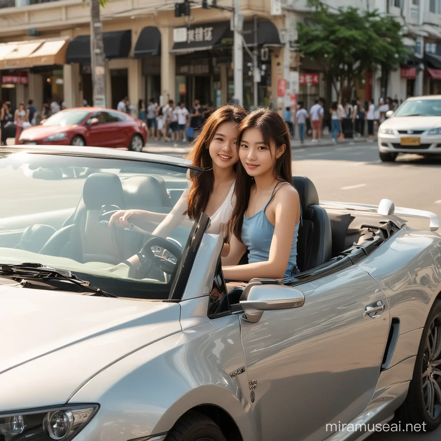 Stylish Asian Teen Leads in Sports Car Joy Ride through Urban Streets