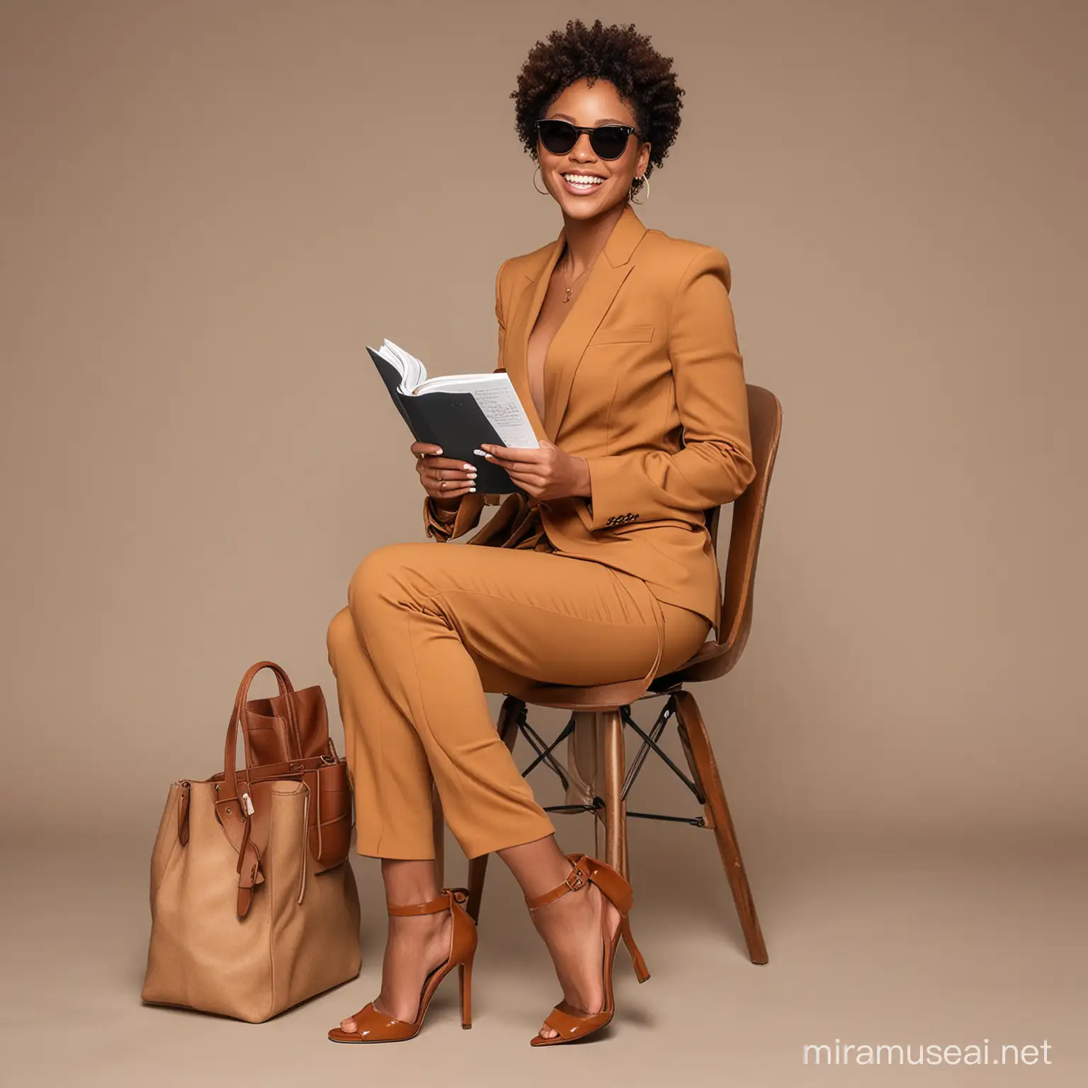 beautiful black woman with a brown suit, brown heels, sunglasses, holding a journal on with a pretty fashion purse, seated smiling, full body transparent background