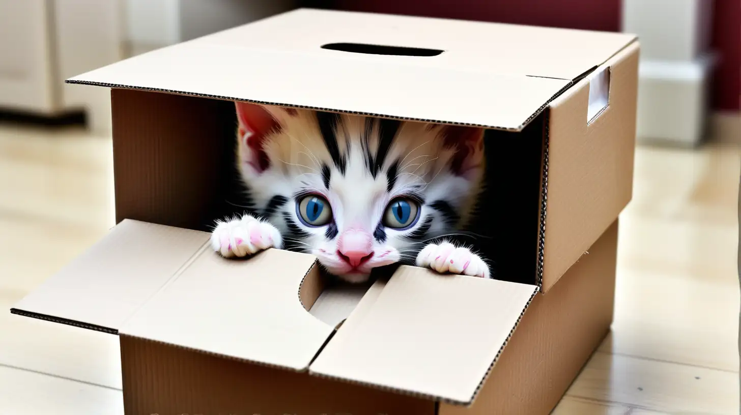 Curious Kitten Playfully Hiding in a Cardboard Box
