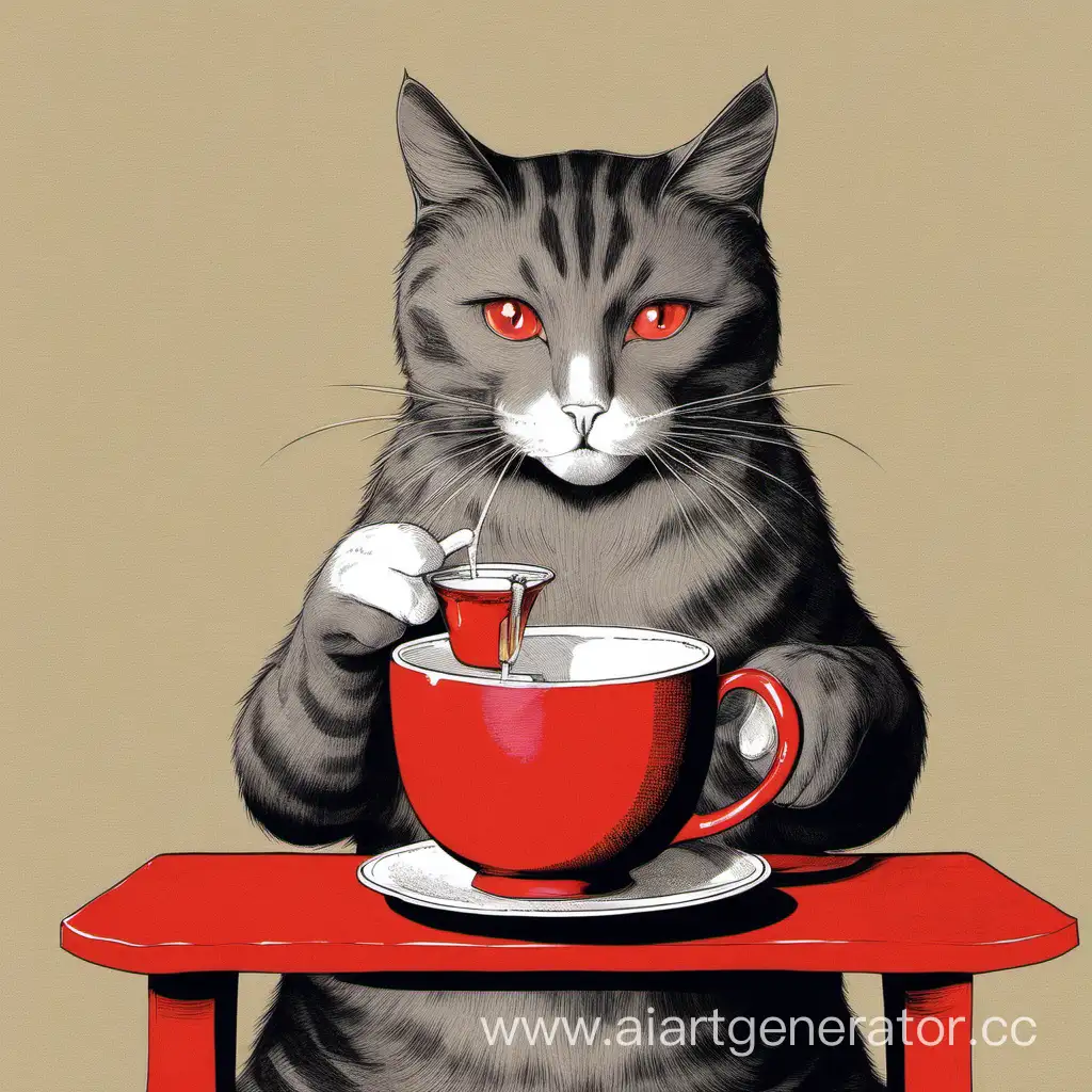 Nice cat drinking tea from red mag