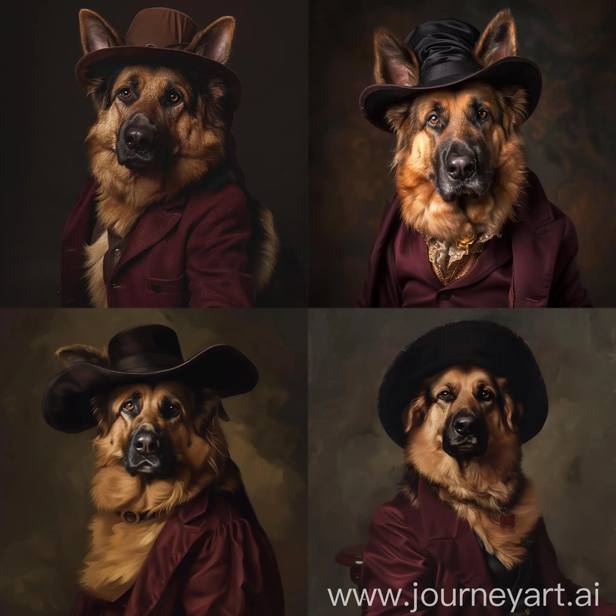 German shepherd dog, with long hat and smart look, unique portrait in 18th century style, looking blank and wearing dark red suit