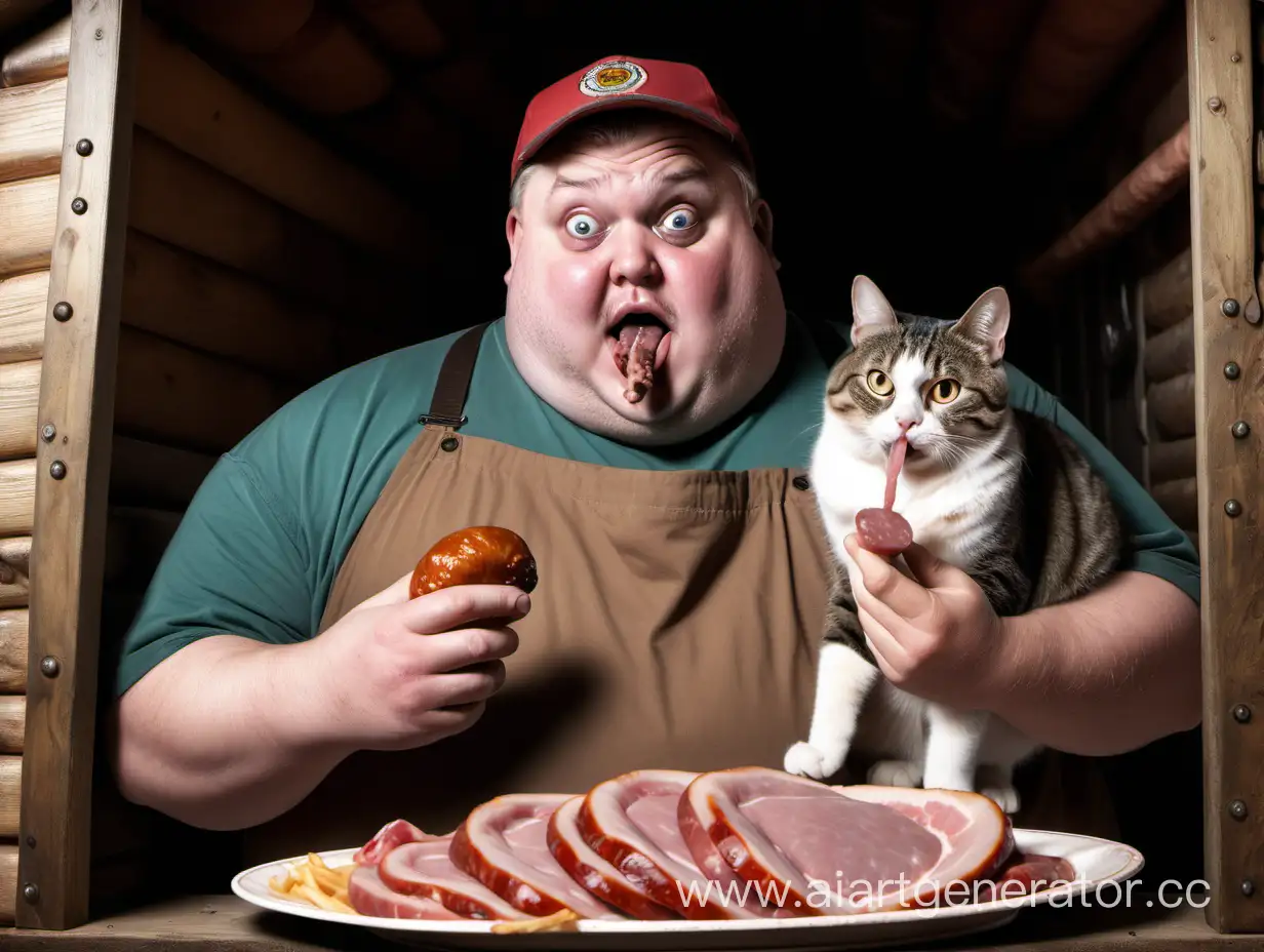 ОЧень толстый мужчина сидит внутри герметичной кабины ест окорок, который держит в руке. Во второй руке у него колечко колбасы. Рядом стоит очень хуой кот и смотрит, выпучиши очень большие глаза на мужчину, который ест, из его рта капают слюни. Фото детализированное