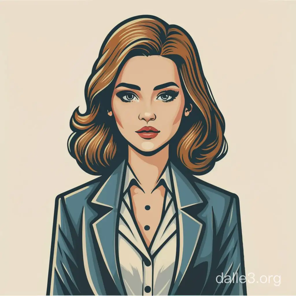 detailed professional iconic logo, color logo, white background, smart girl in a business suit, looking straight, front view, looking straight, front view, vector, simple, make the shirt white, the jacket dark blue, lips red, eyes blue, hair brown, more shadows and highlights, more detailed and serious, logo for the marketing manager's girlfriend,Mouth closed, small smile, more realistic drawing, without a tie, shadows on the left side, The shirt is slightly unbuttoned