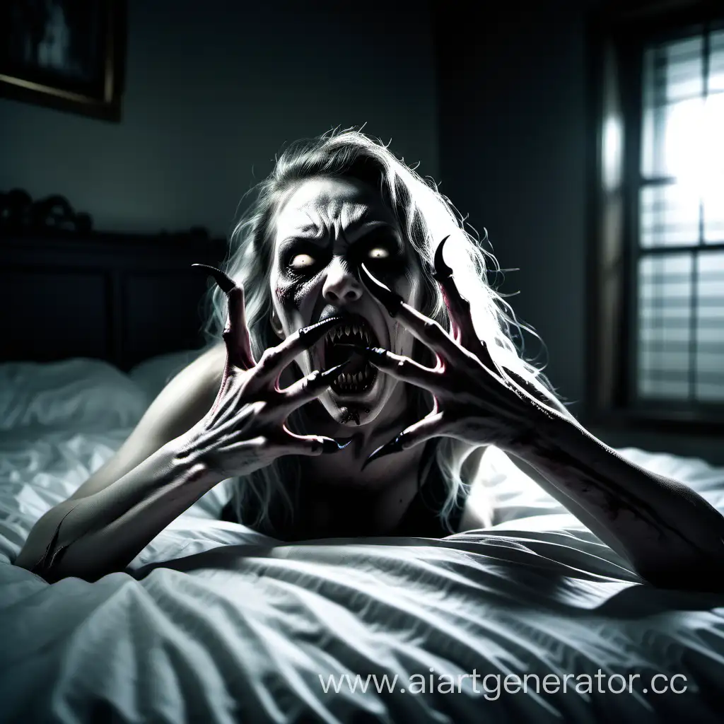 a horrifying nightmare scene of a zombie woman with long, curved black nails protruding from her fingers like menacing claws, her mouth is wide open, revealing a row of sharp, pointed teeth that resemble fangs. She lies on the bed trying to catch the observer, the dark room has the atmosphere of a nightmare, only a faint light bursting through the window, hyper realism