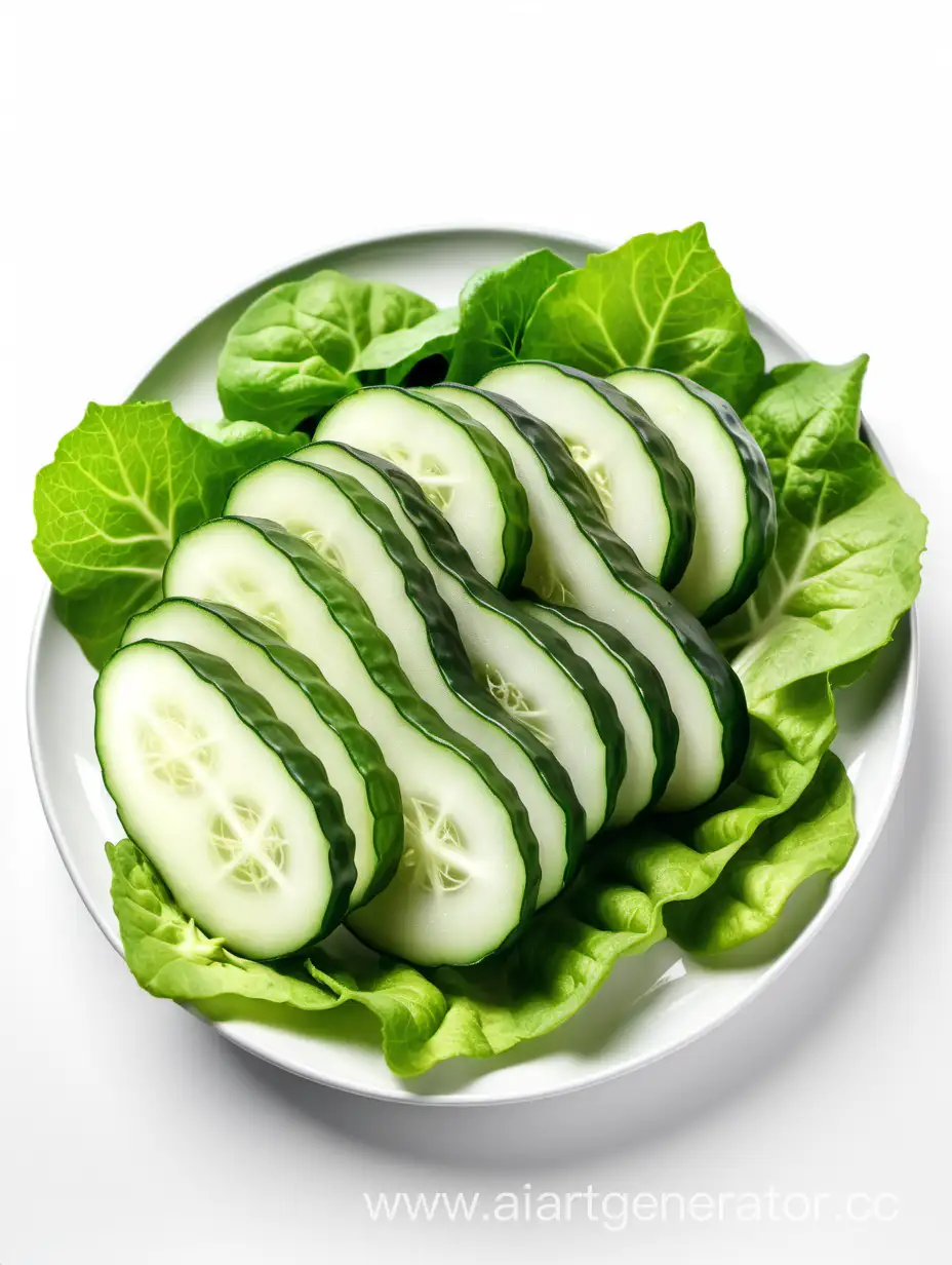  Cucumber with slices and green salad leaves on white background