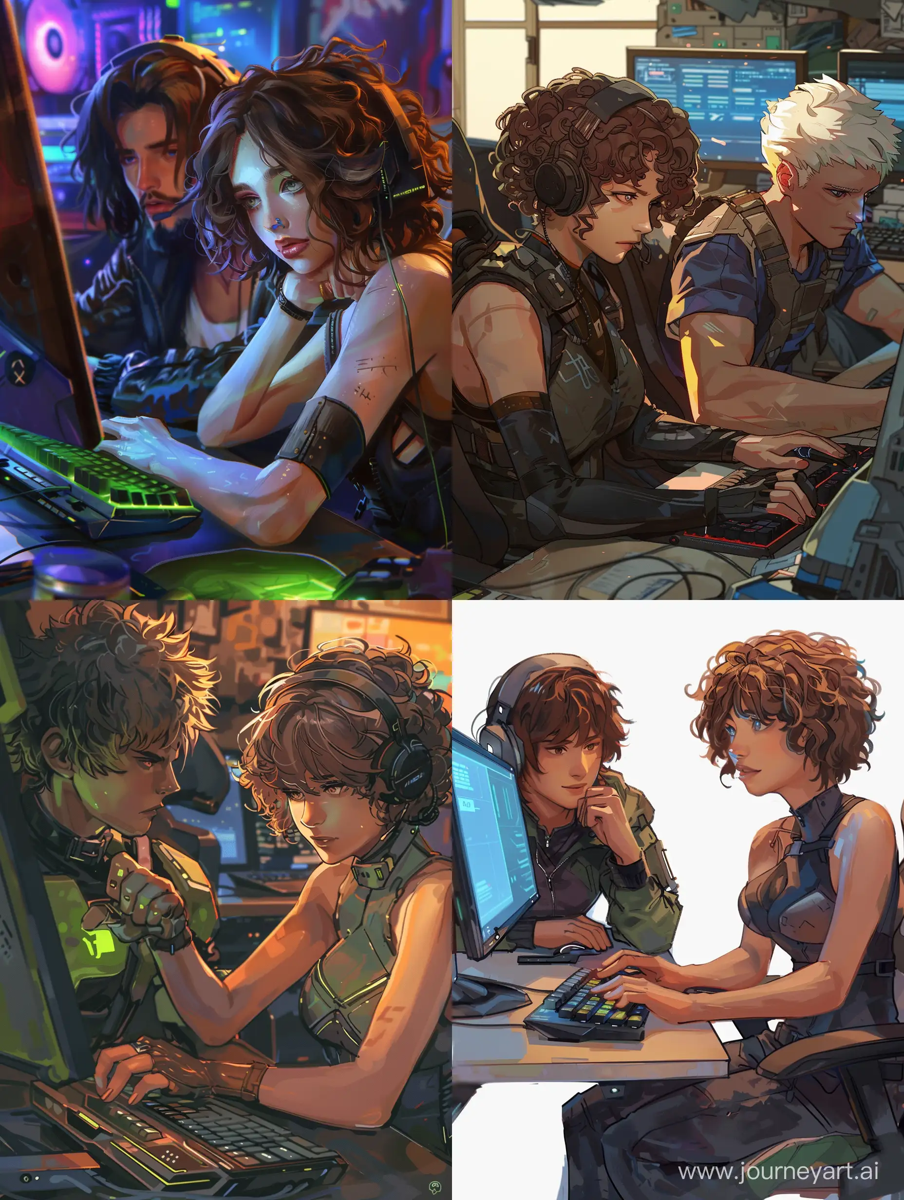 A brooding streamer girl with brown curly short hair is sitting playing at the computer. Grogu is sitting next to her. Cyberpunk Style