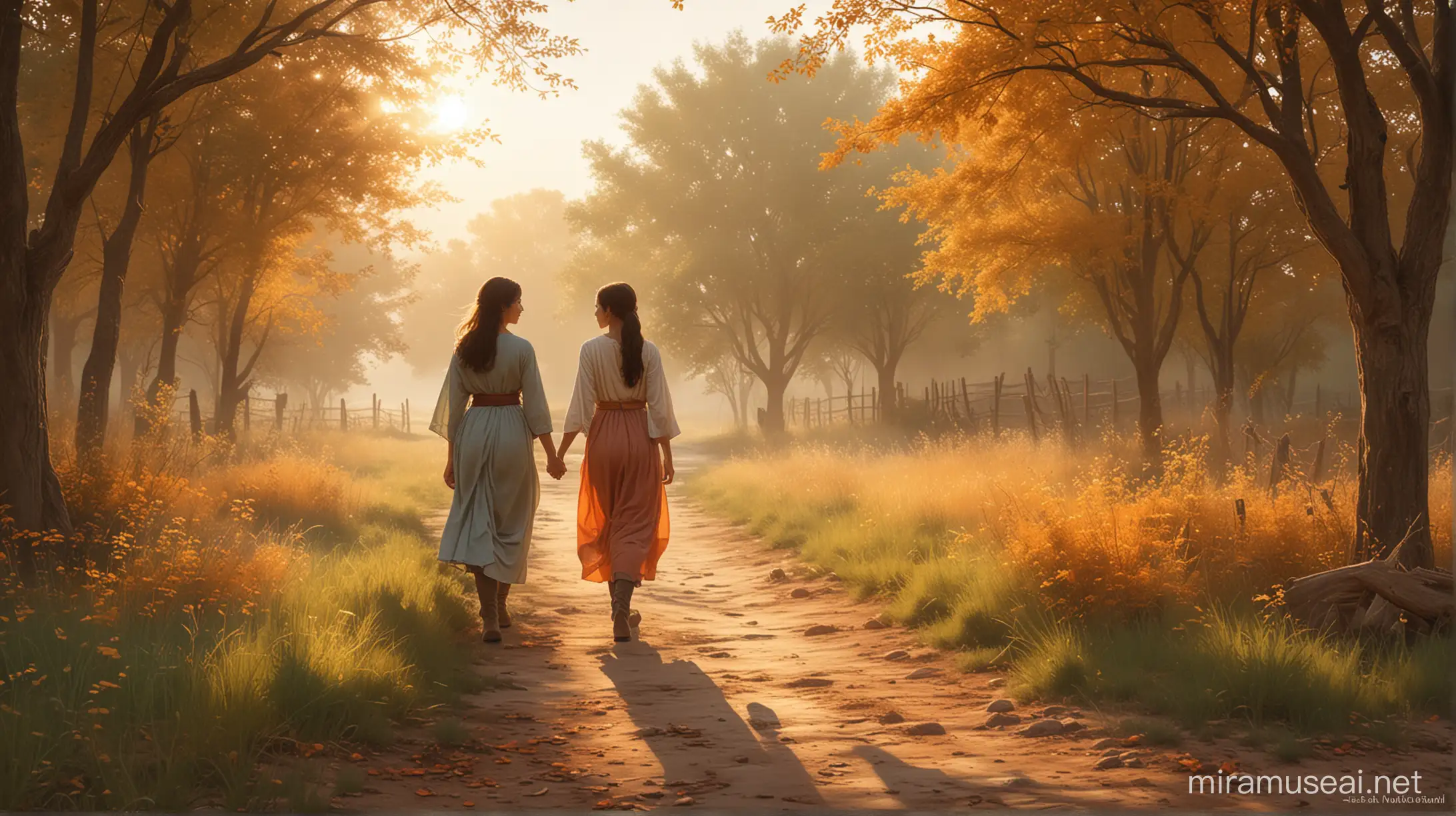 /imagine prompt: Karo and the girl walk back to the village as the sun sets, casting a warm golden glow over the rustic
landscape. The gentle breeze rustles the leaves of the trees, creating a serene atmosphere. Karo's protective stance
beside the girl exudes a sense of companionship and trust. The image is rendered with soft, pastel colors and a touch of
impressionistic style, capturing the tranquility of the moment. The mood is peaceful and heartwarming, symbolizing the
beginning of a beautiful friendship --ar 16:9 --v 5 --q 2