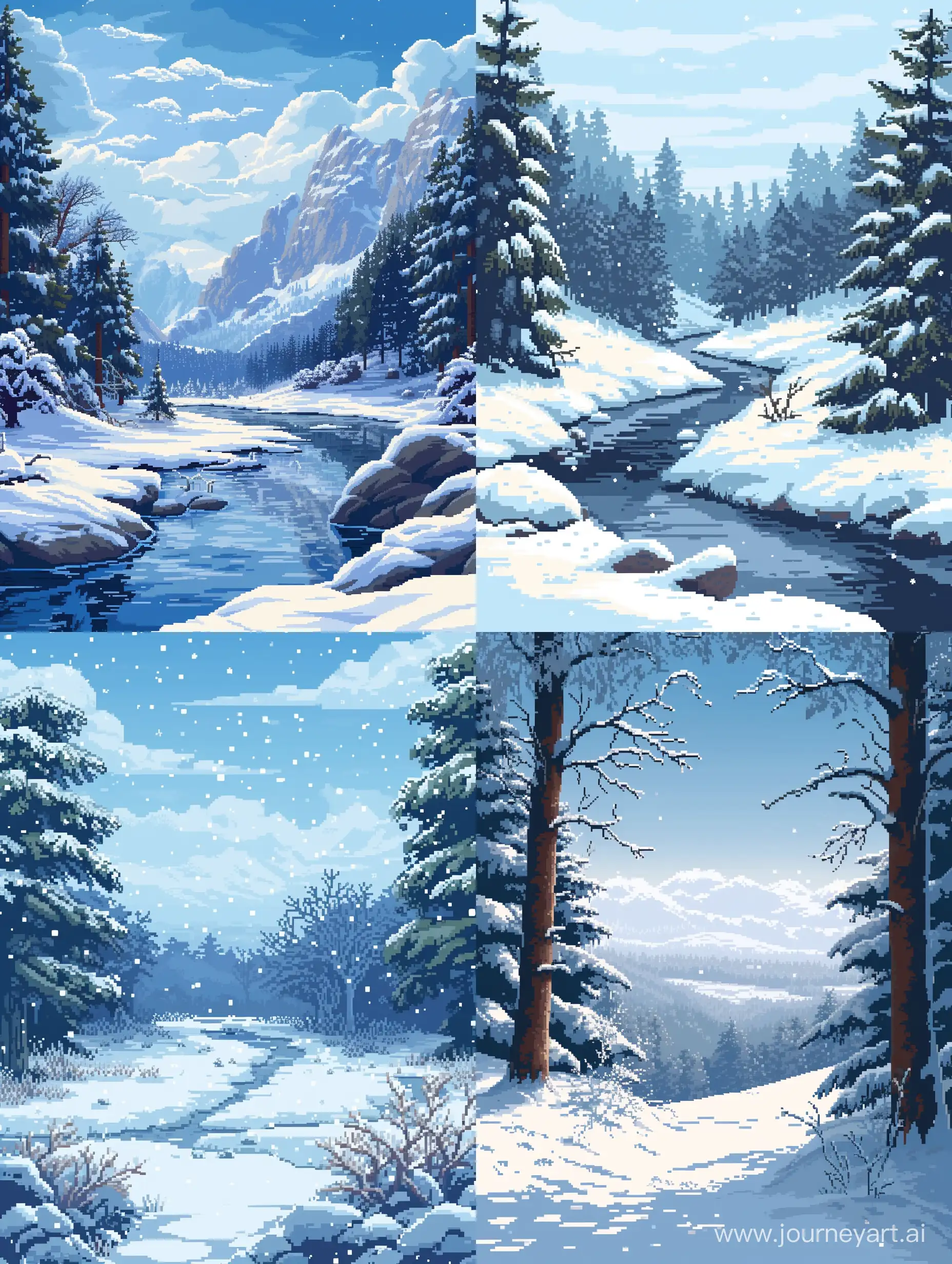 A picture of a Winter Landscape inspired by Pixel Art Style