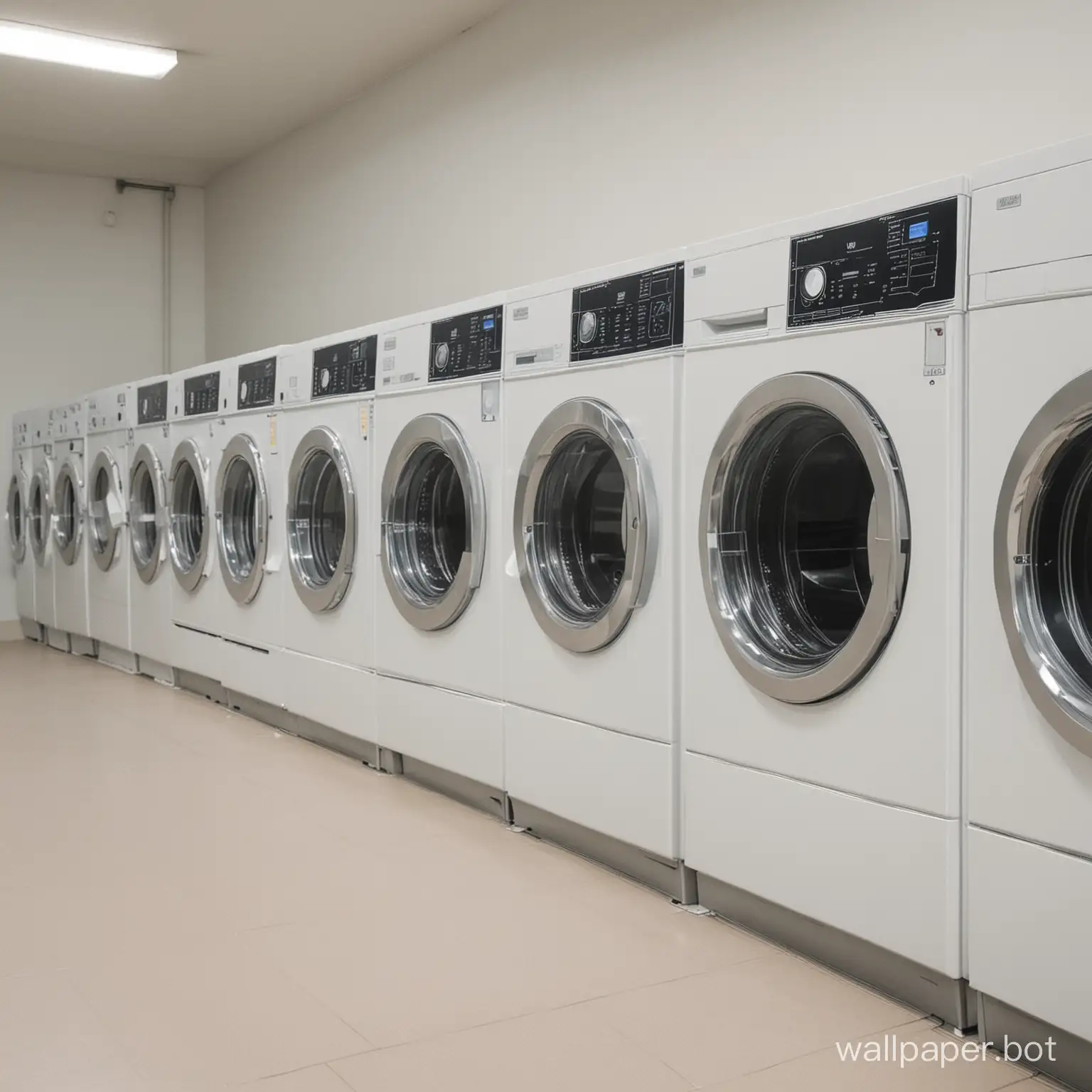 A row of washing machines in the laundry