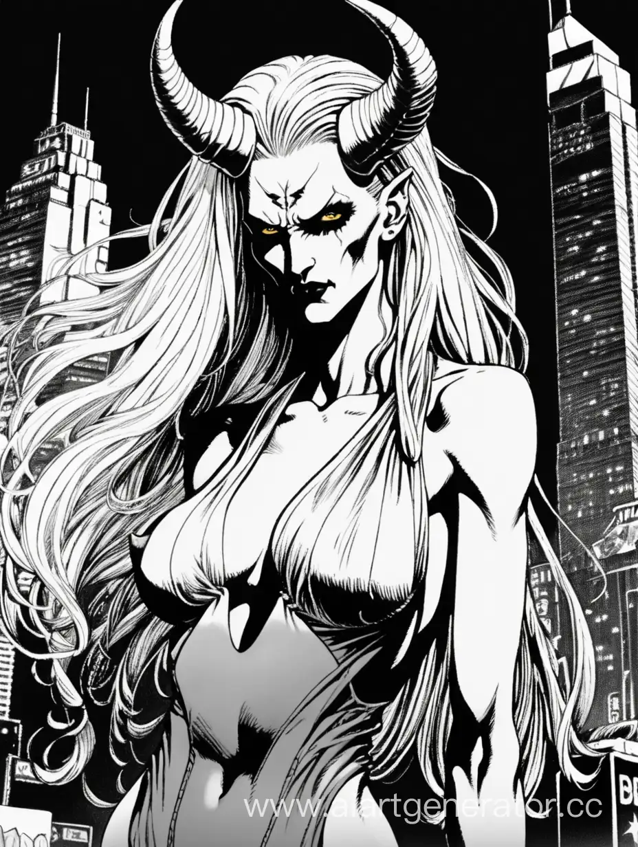 Demon, Frank Miller's Sin City art style, tall skinny body, pale white skin, long white hair, cyberpunk white and golden aristocrat woman dress, horns, female character 