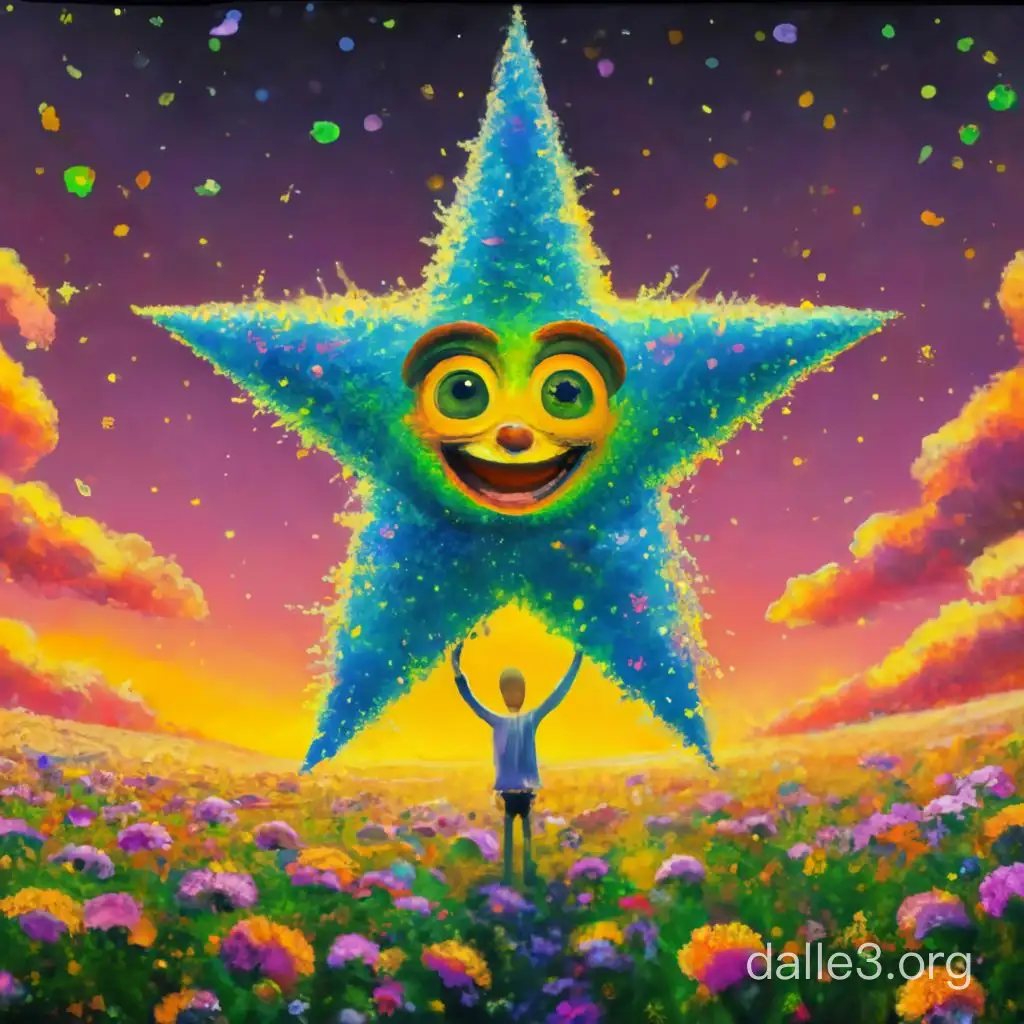 a big star with green eyes, two hands, two legs, standing, shocked expressions, seed 1116643957, in the style of victor nizovtsev, luminous sfumato, disney animation, cheerful colors, high quality, ar--16:9, night sky with full of glittering stars, a thunder coming from the cloud with sound waves, fantasy land 