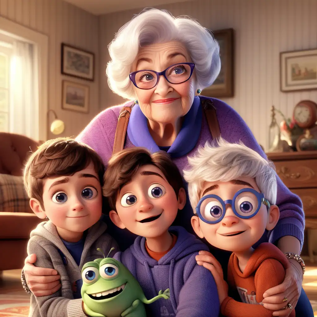 Loving Grandmother Bonding with Grandchildren in PixarStyle Animation